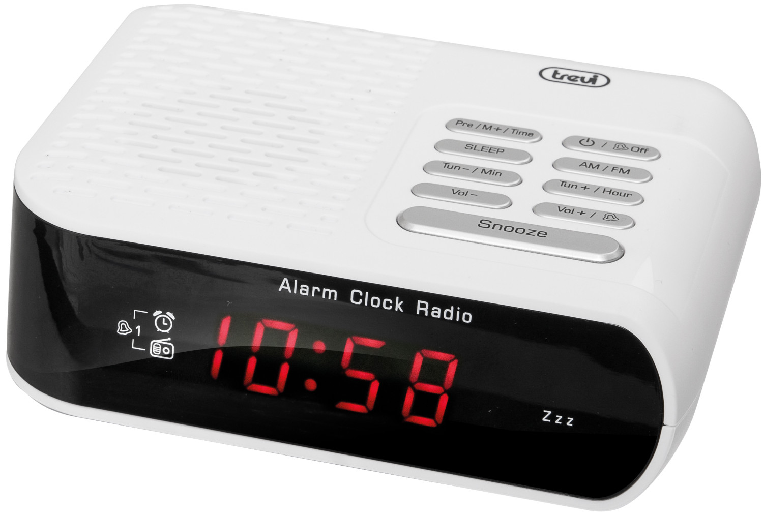 Ein weißer Radiowecker mit rotem Digitaldisplay zeigt 10:58.