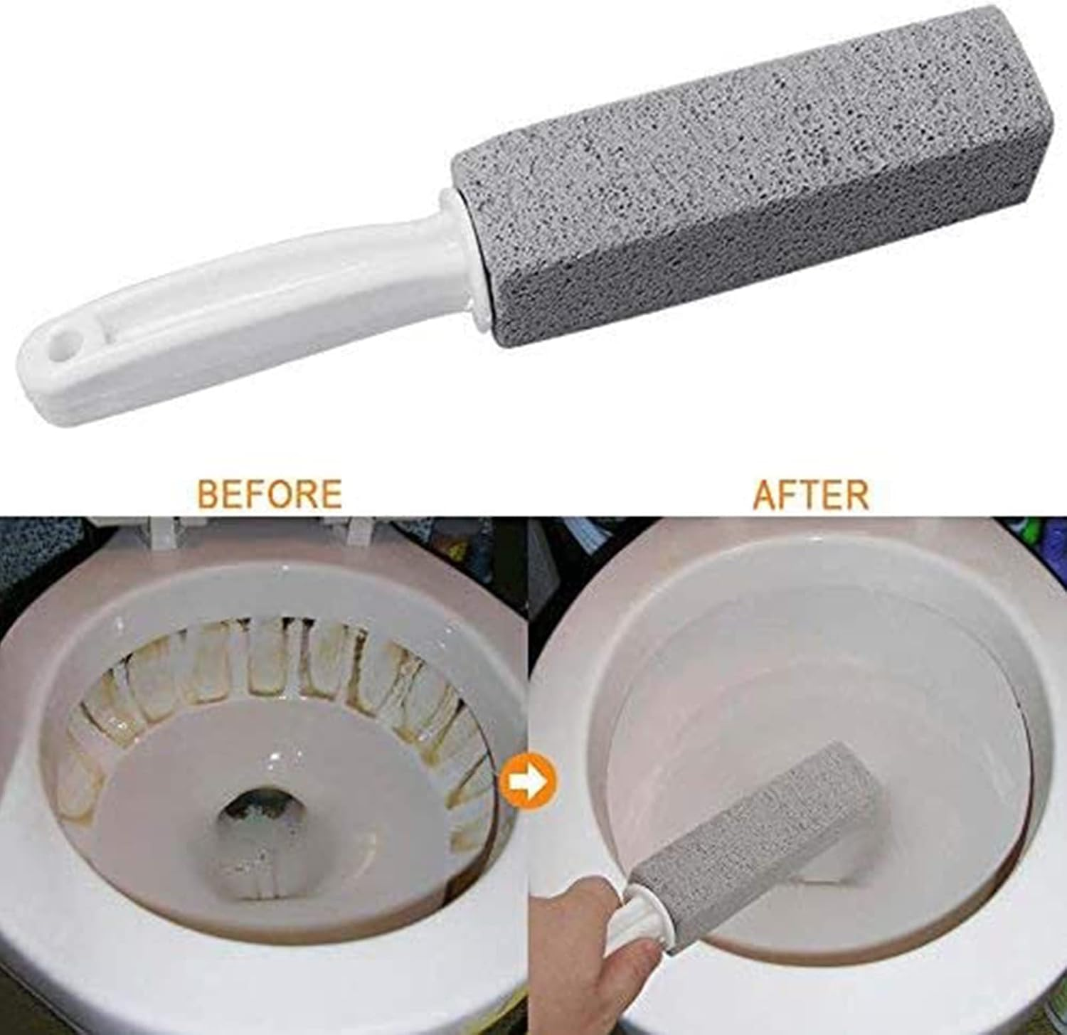 Vorher/Nachher-Vergleich einer Toilette, gereinigt mit einem Bimssteinreiniger.