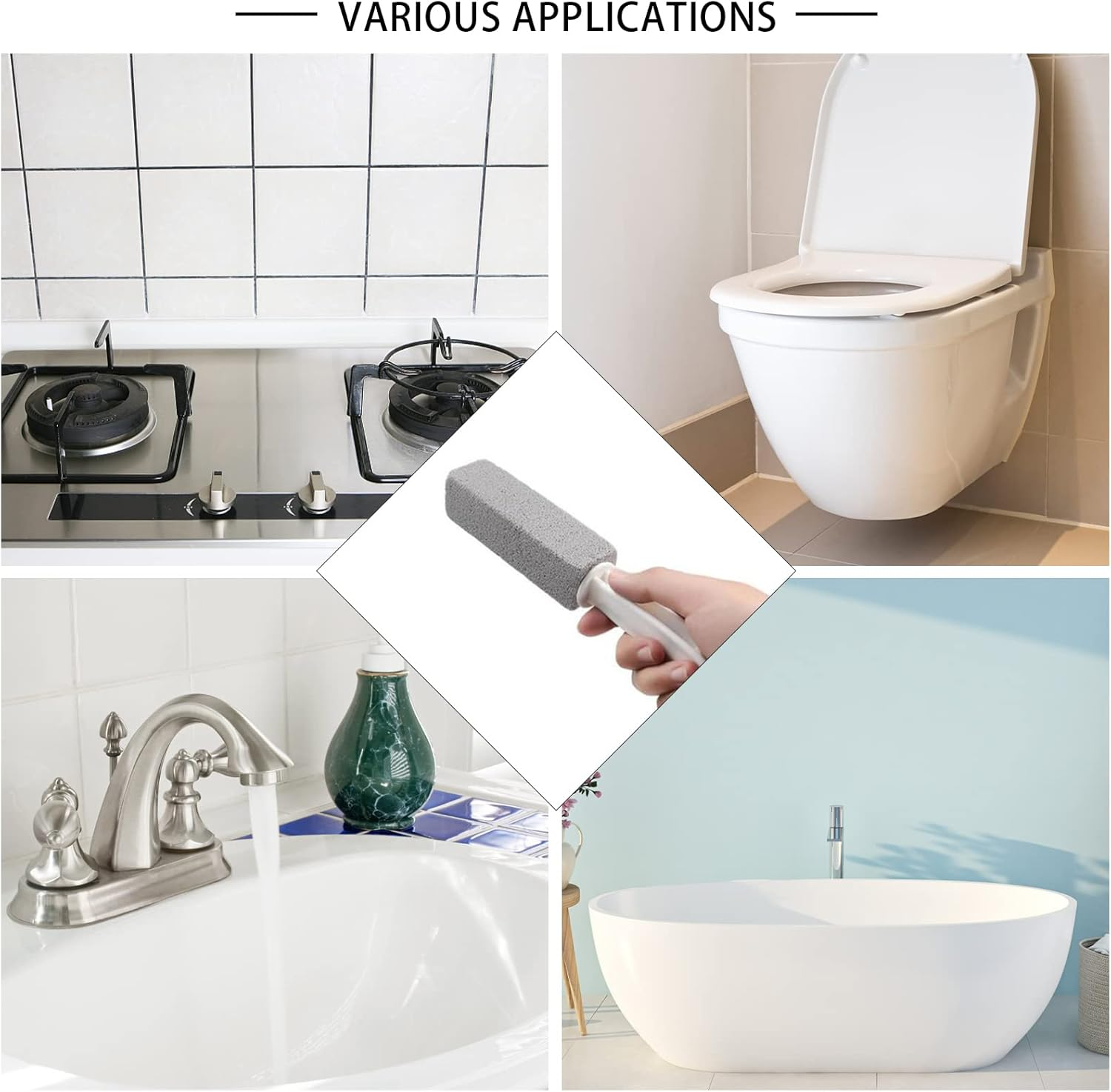 Collage zeigt einen Gasherd, Toilette, Waschbecken mit Wasser und eine Badewanne.
