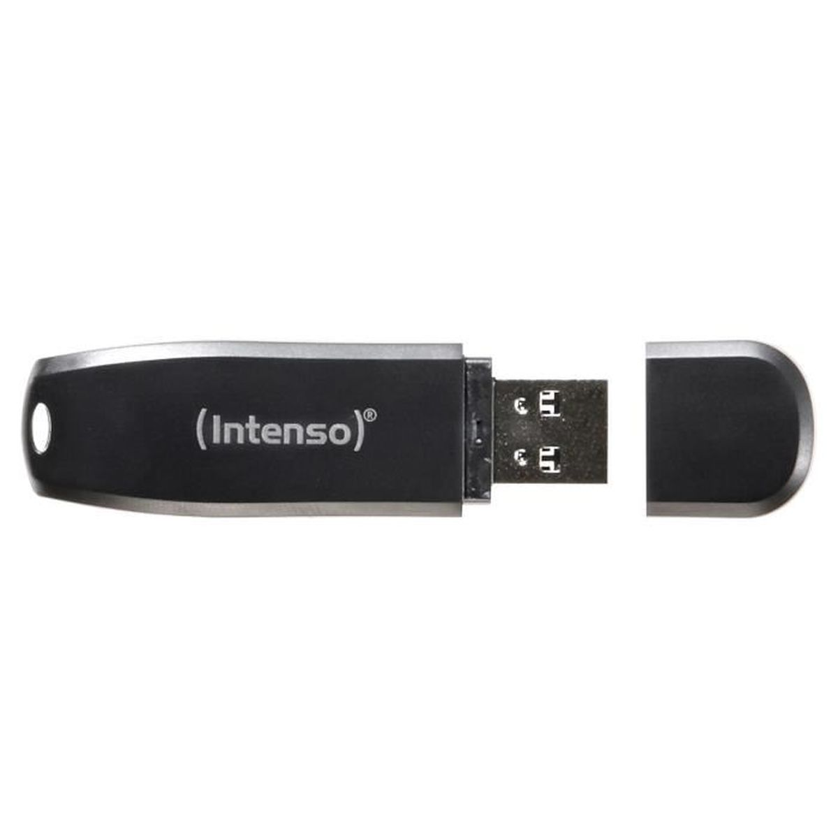 Una chiavetta USB nera con bordo argentato e logo '(Intenso)'.