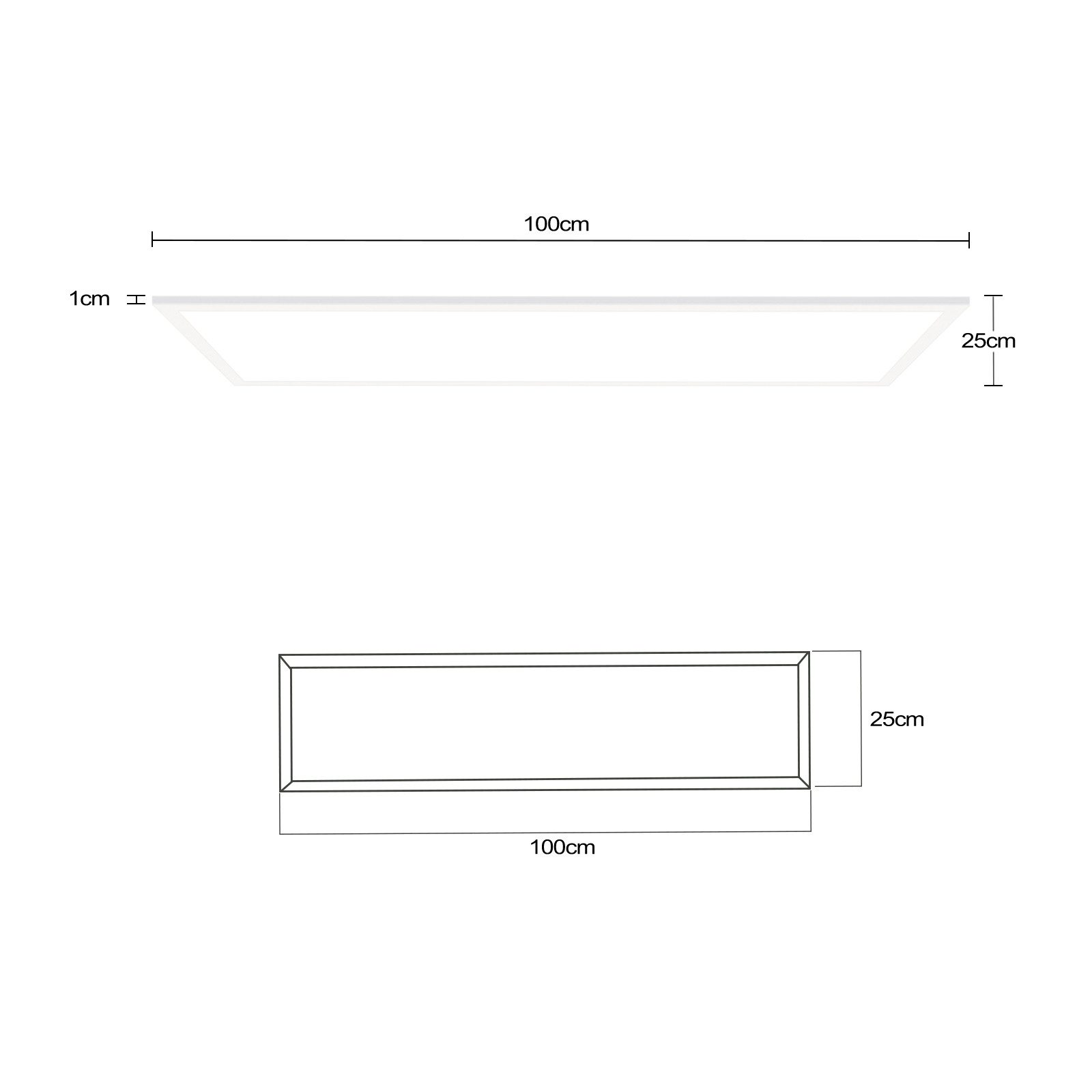 Technische Zeichnung eines rechteckigen Rahmens, 100 cm lang, 25 cm breit, 1 cm dick.