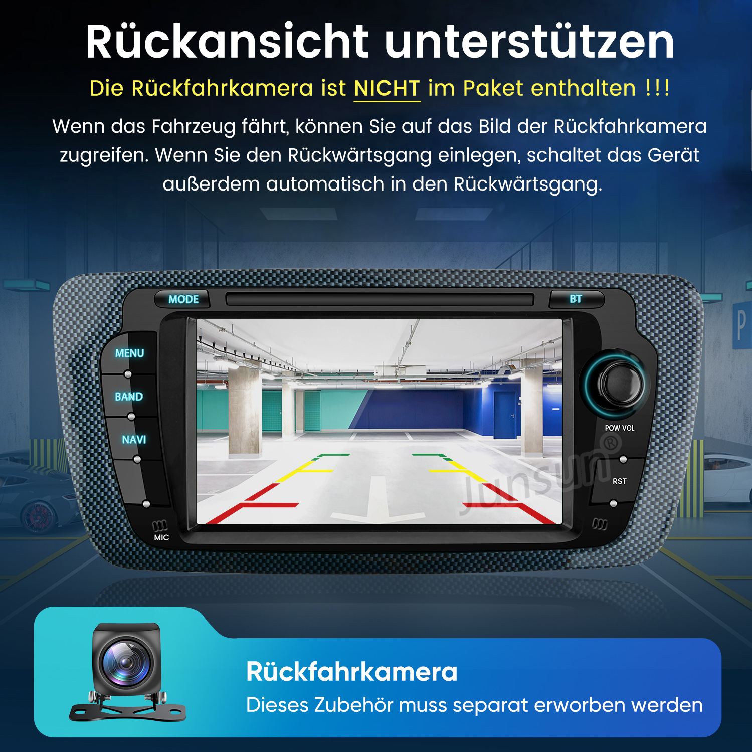 Auto-Rückfahrkamera-Display in einem Parkhaus mit Parklinien.