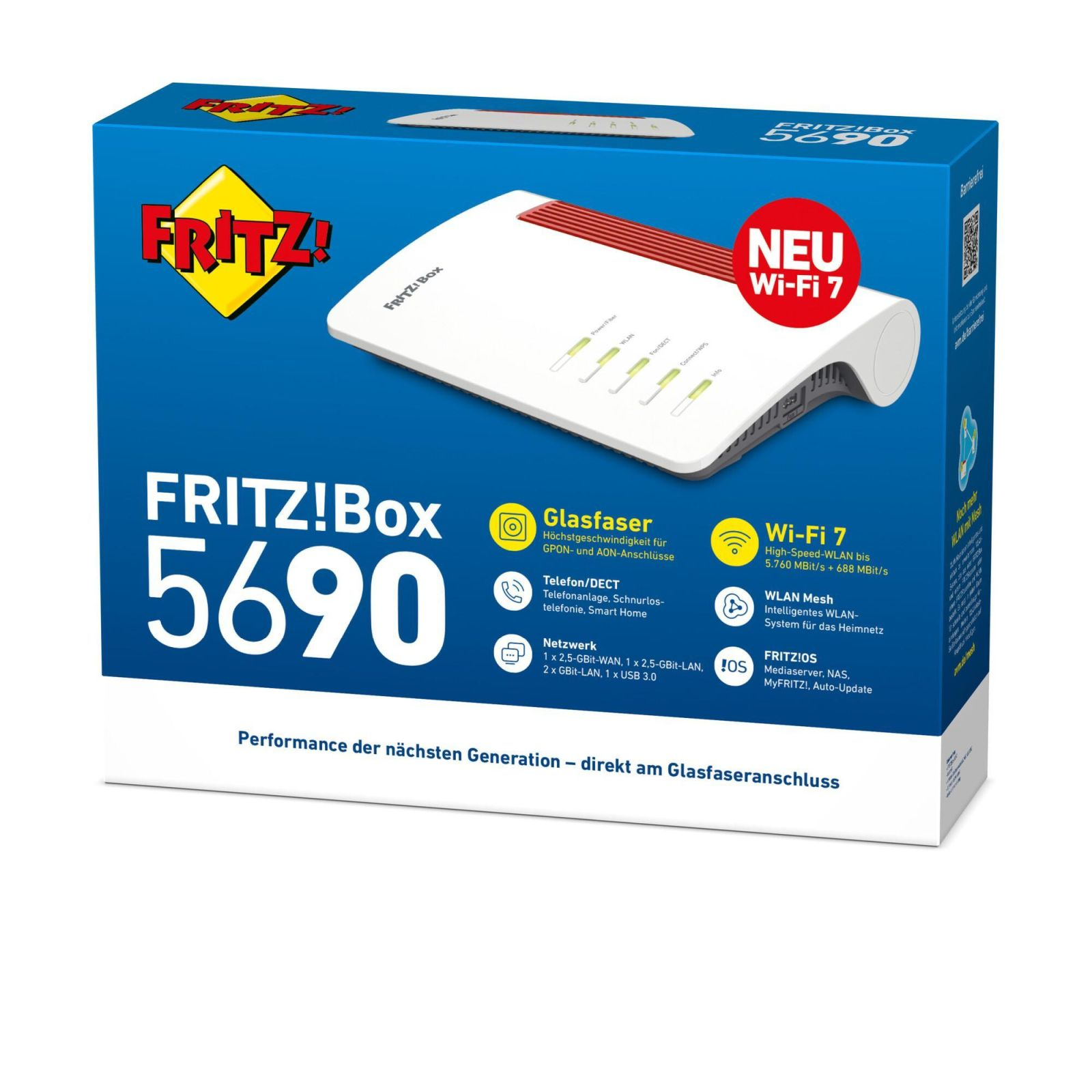 FRITZ!Box 5690 con connessione in fibra ottica, Wi-Fi 7 e funzioni telefoniche.