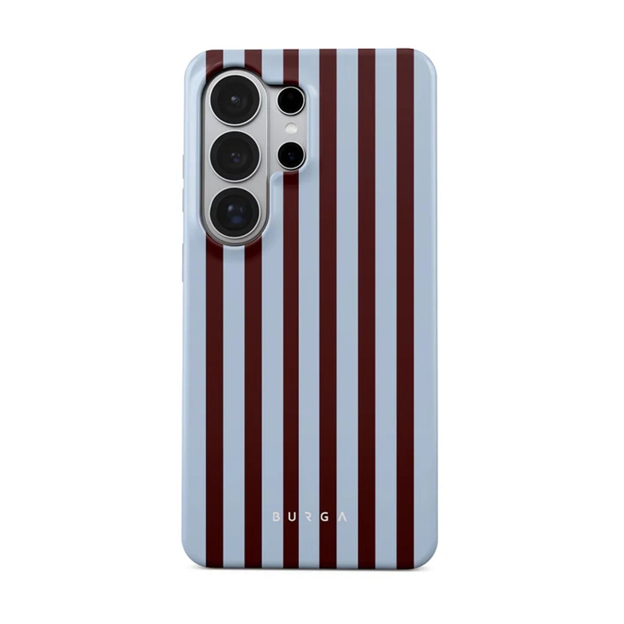 Een lichtblauwe telefoonhoes met donkerrode strepen en cameramodule.