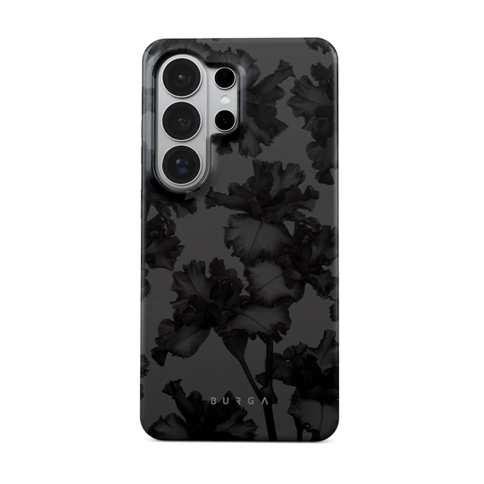 Zwarte telefoonhoes met bloemenpatroon en camerauitsparing.