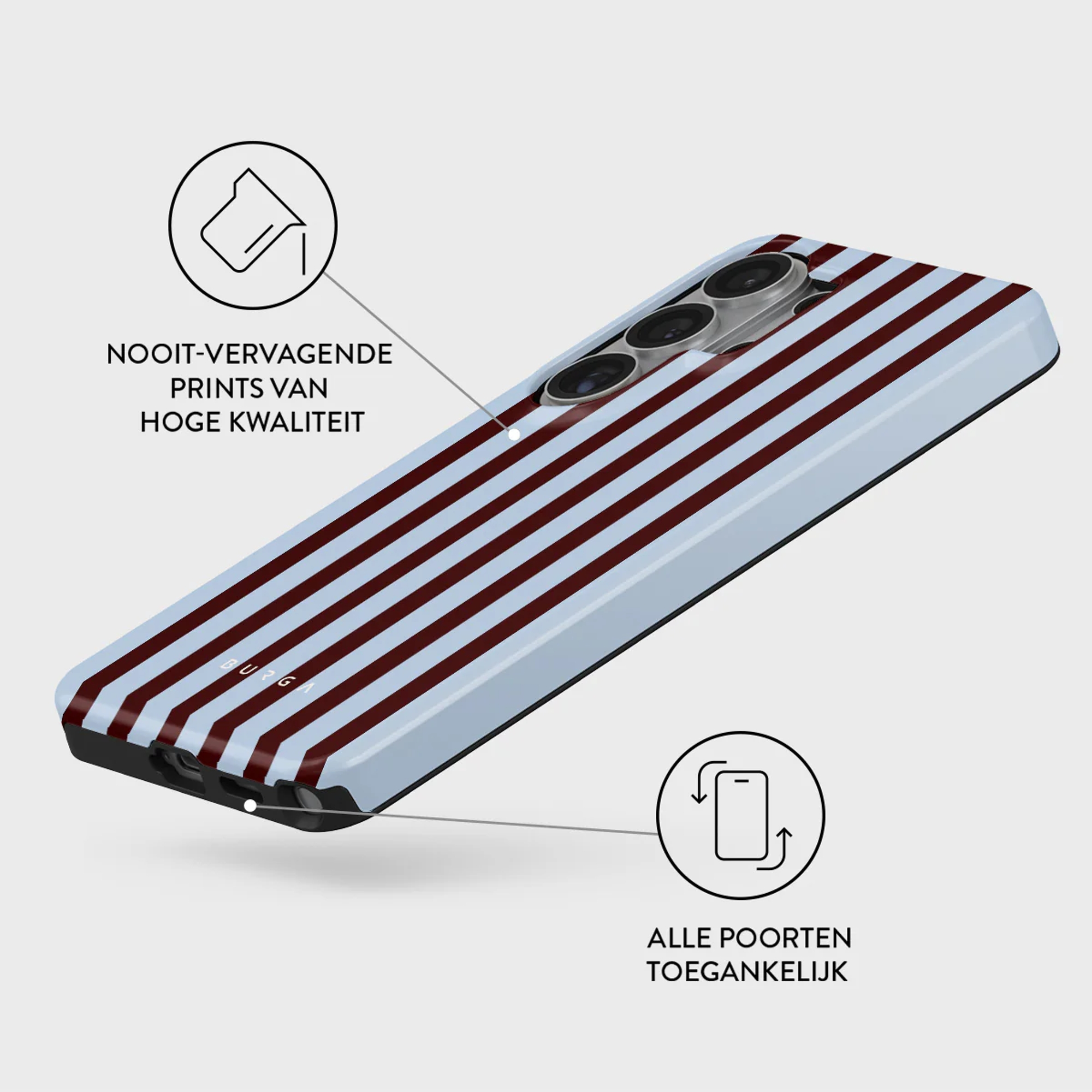 Lichtgekleurde telefoonhoes met donkerrode strepen, drie camera's, poorten.