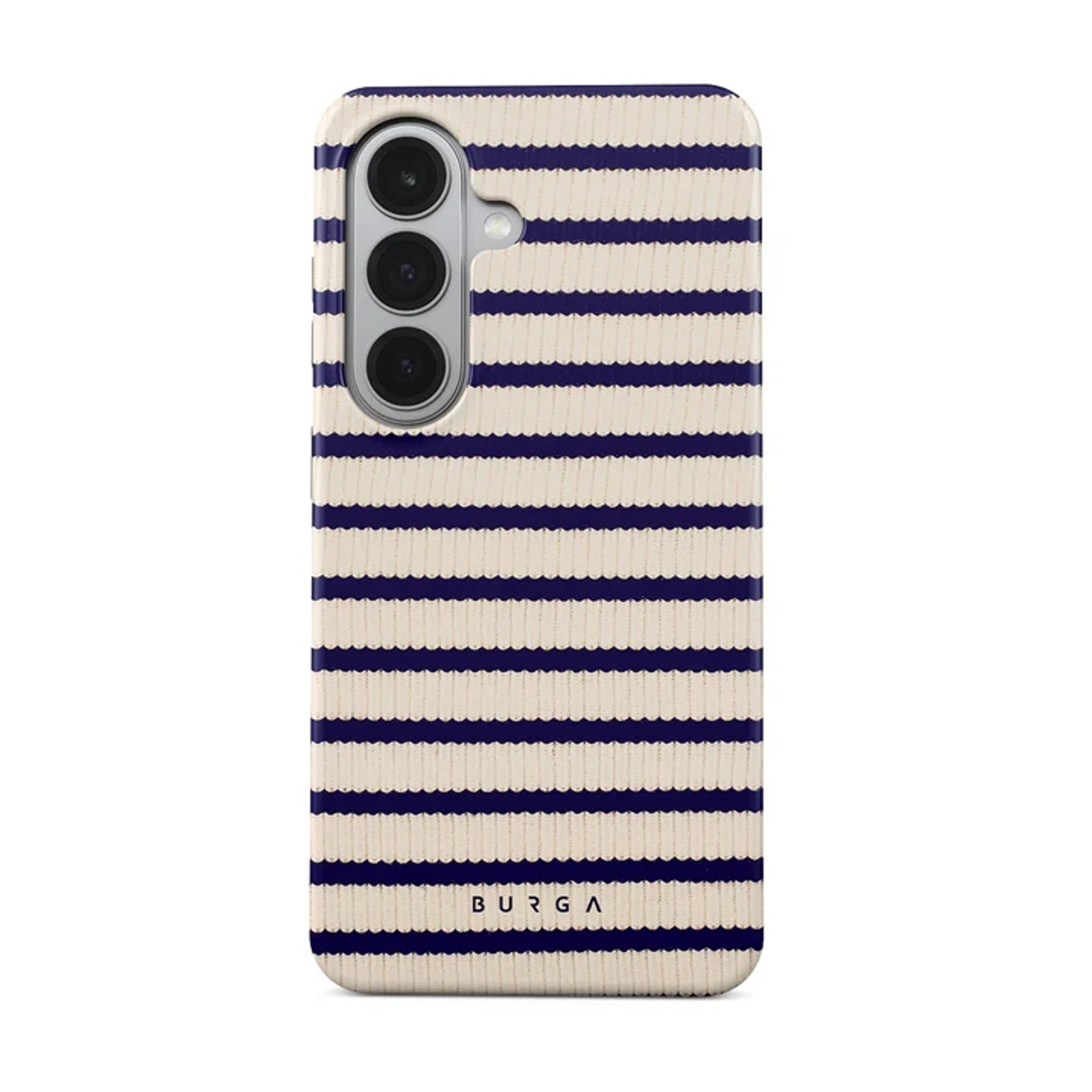 Een telefoonhoesje met blauw-witte strepen en drie cameralenzen.