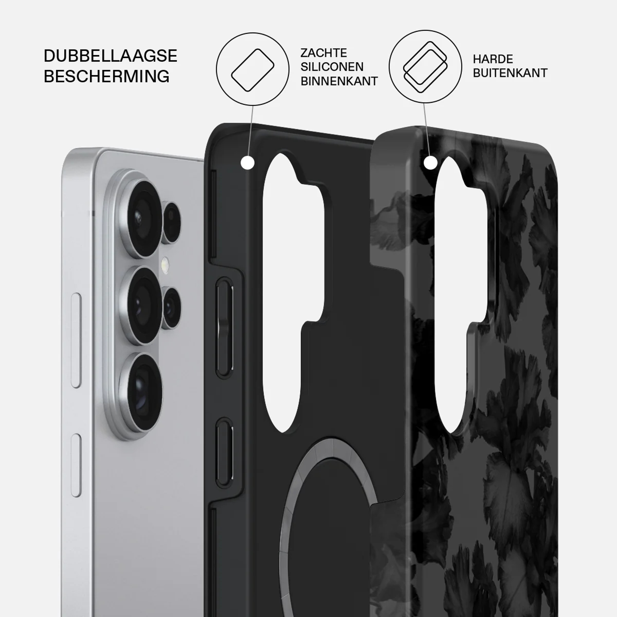 Close-up van een dubbellaagse telefoonhoes met bloemenpatroon.
