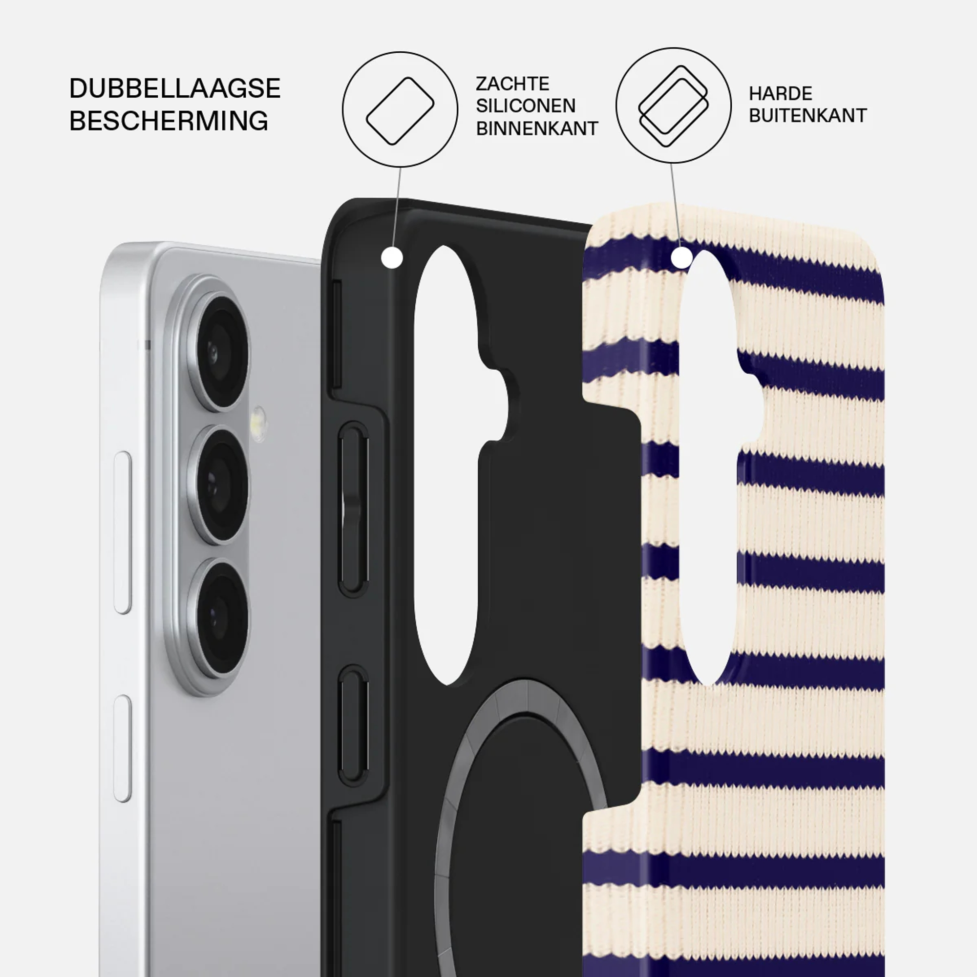 Een smartphone met een gestreepte telefoonhoes op de achtergrond.
