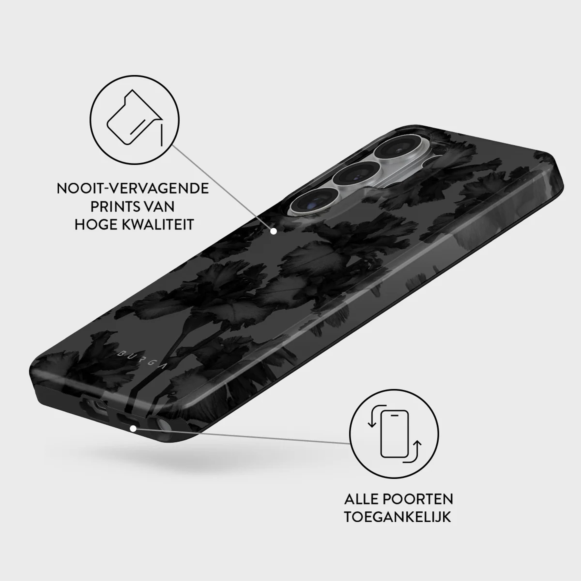 Zwarte telefoonhoes met bloemenprint en cameralenzen. Tekst-iconen ernaast.