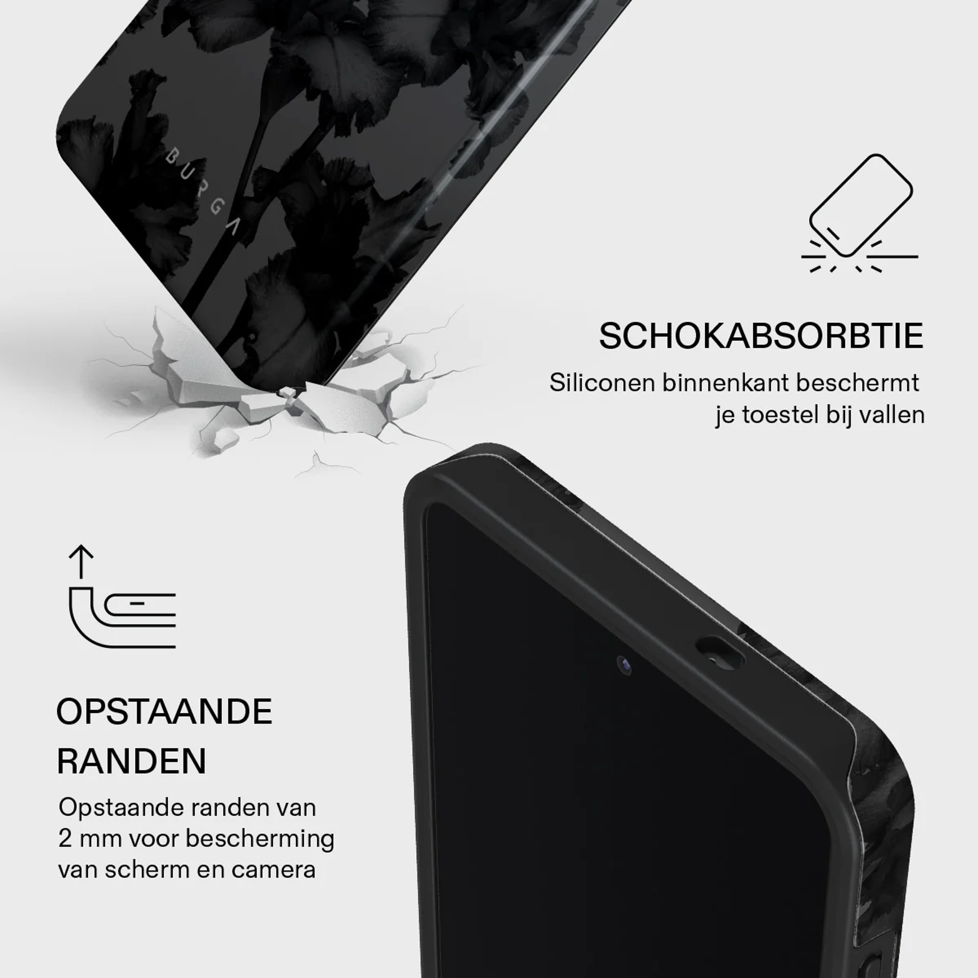 Telefoonhoes met bloemenpatroon en verhoogde randen voor bescherming.