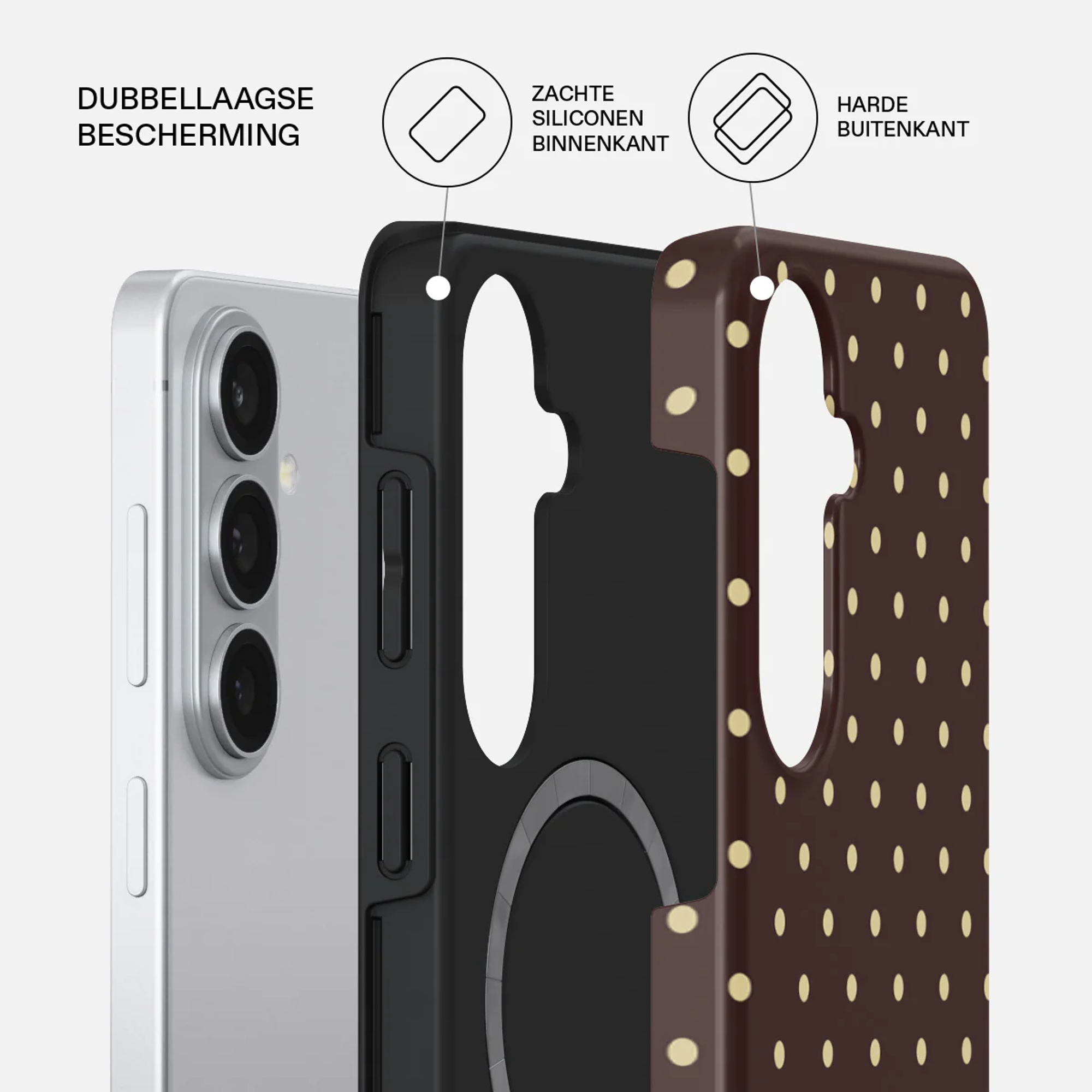Zilveren telefoon met bruine polkadot hoes, dubbele lagen getoond.