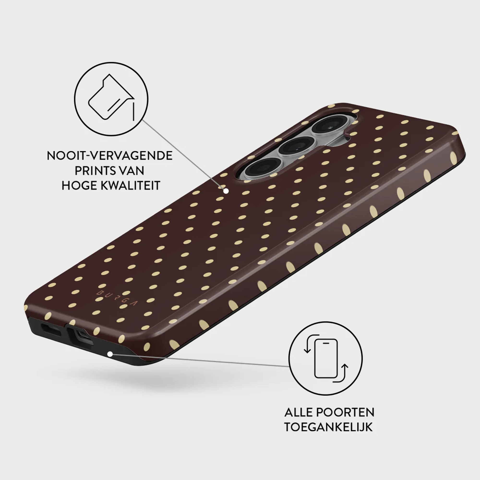 Donkerbruine telefoonhoes met gele stippen, camera-uitsparing en poorten.