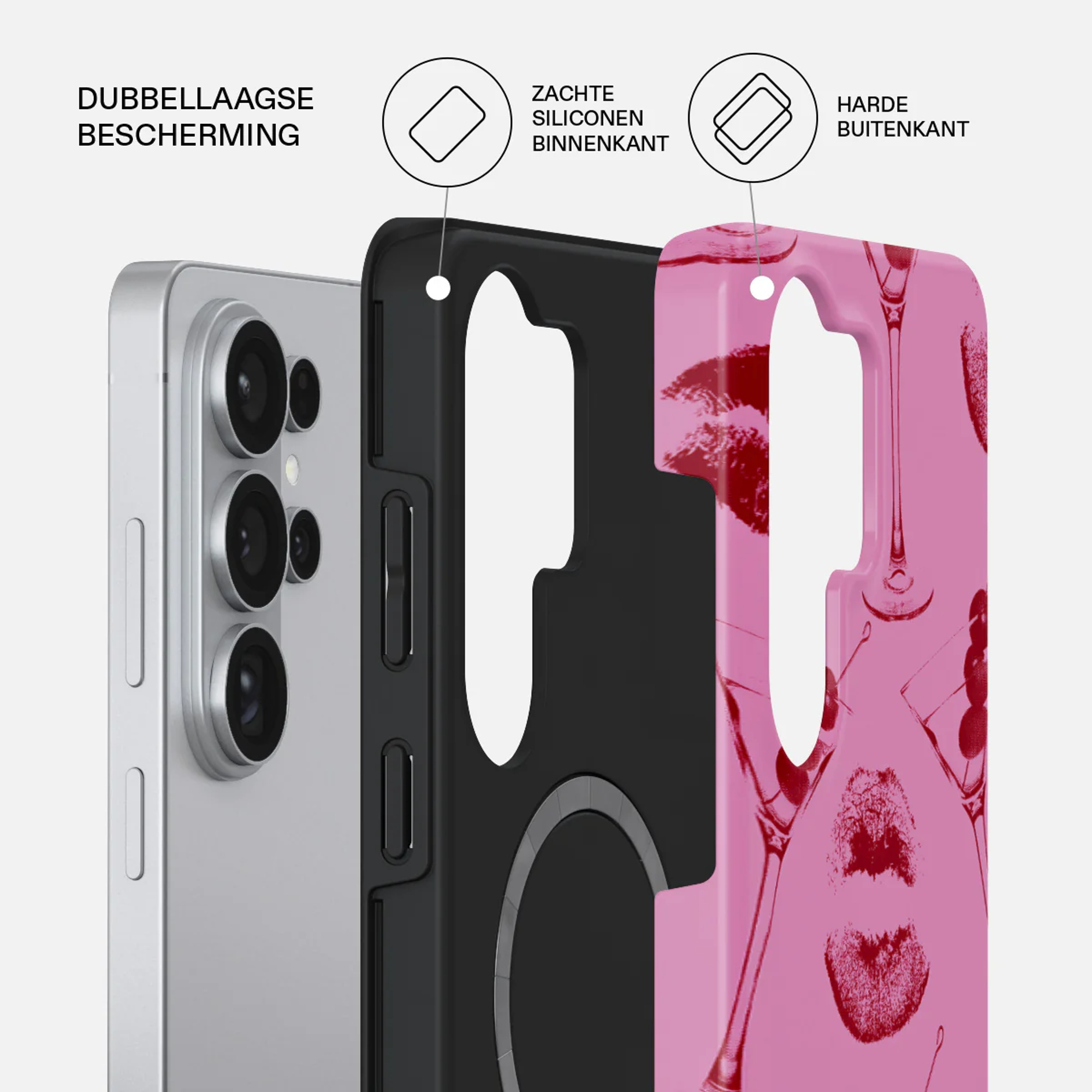 Silver phone with black case featuring lipstick prints and glasses.