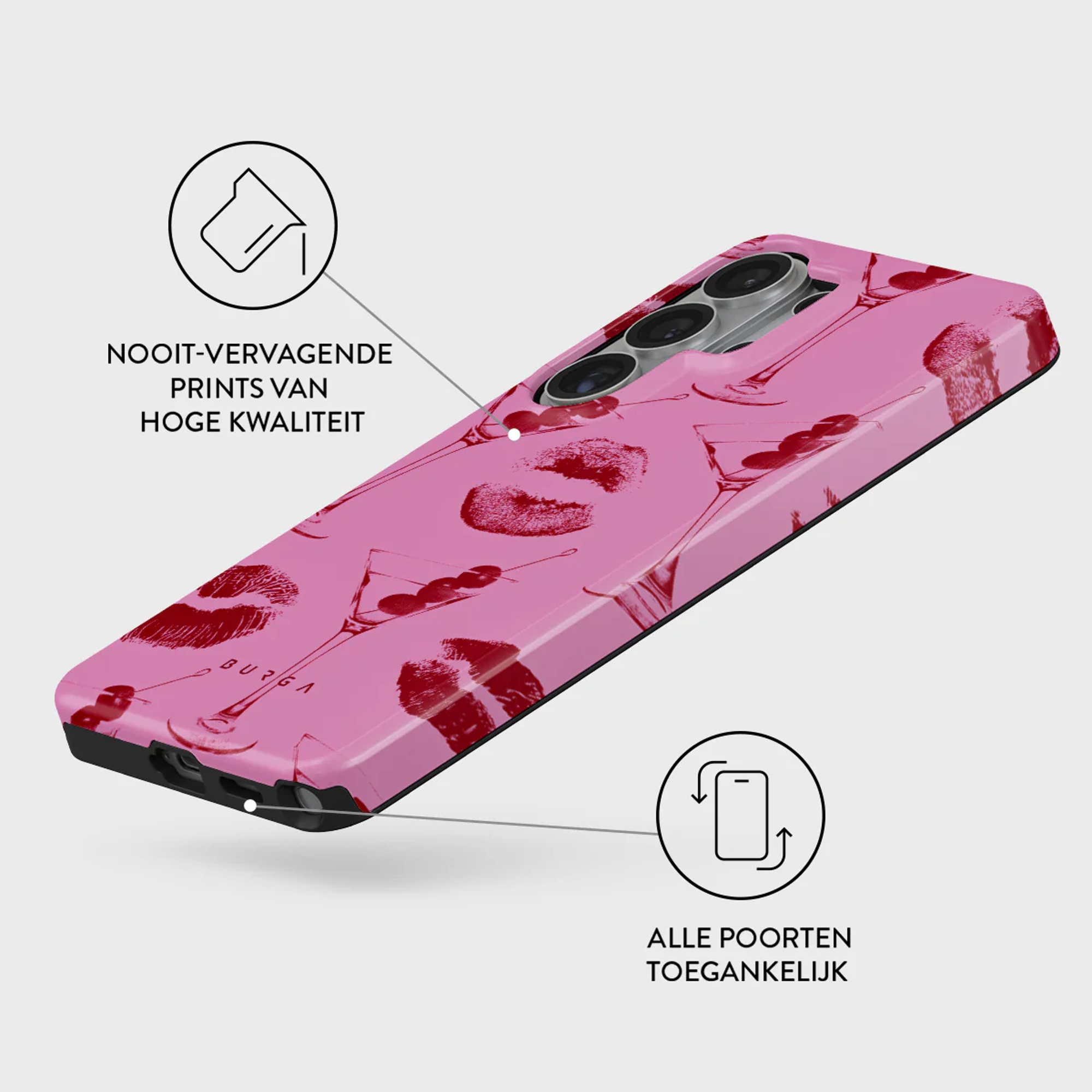 A pink phone case with red lipstick kisses and martini glasses.