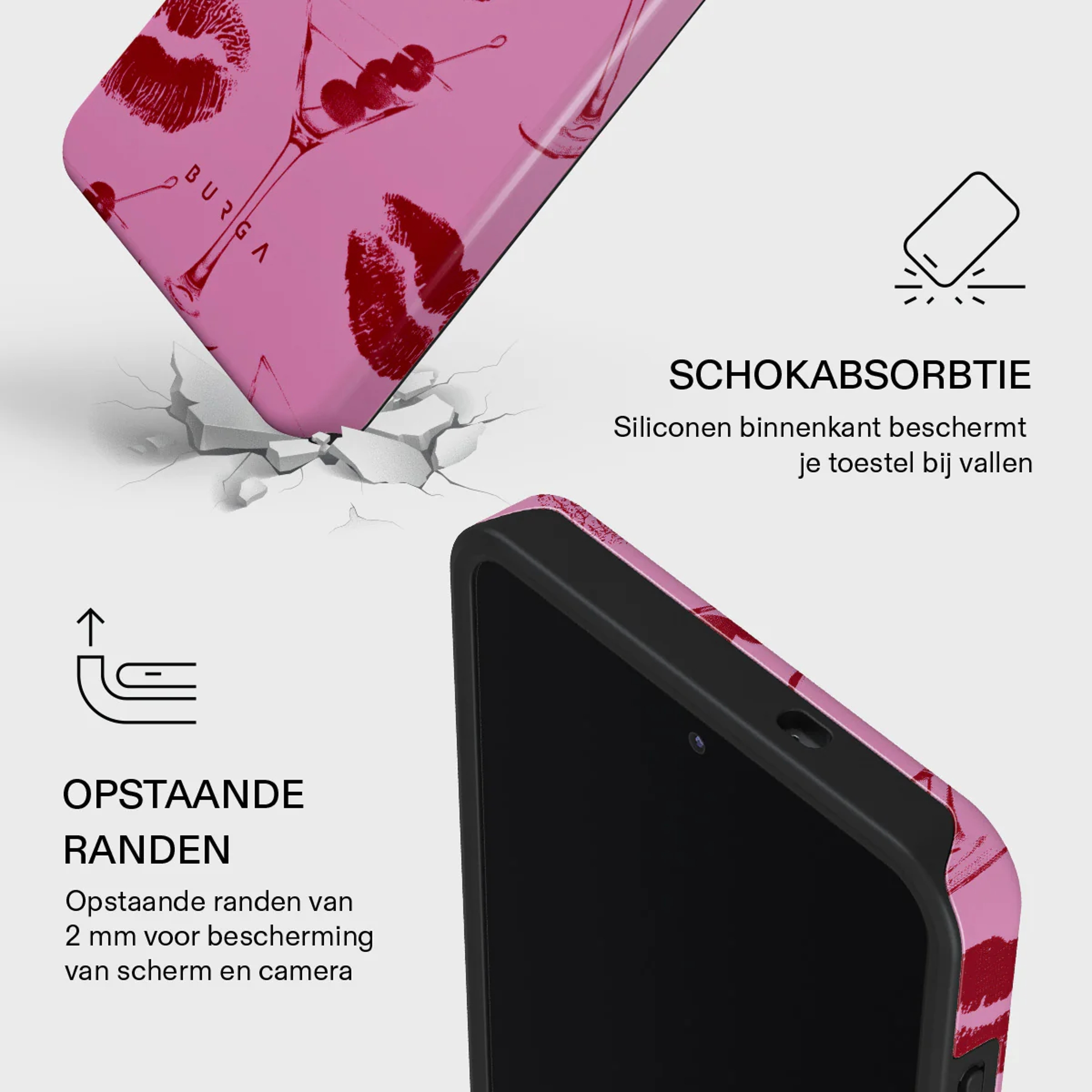 Pink phone case with lipstick and cherry pattern, falling on a crack.