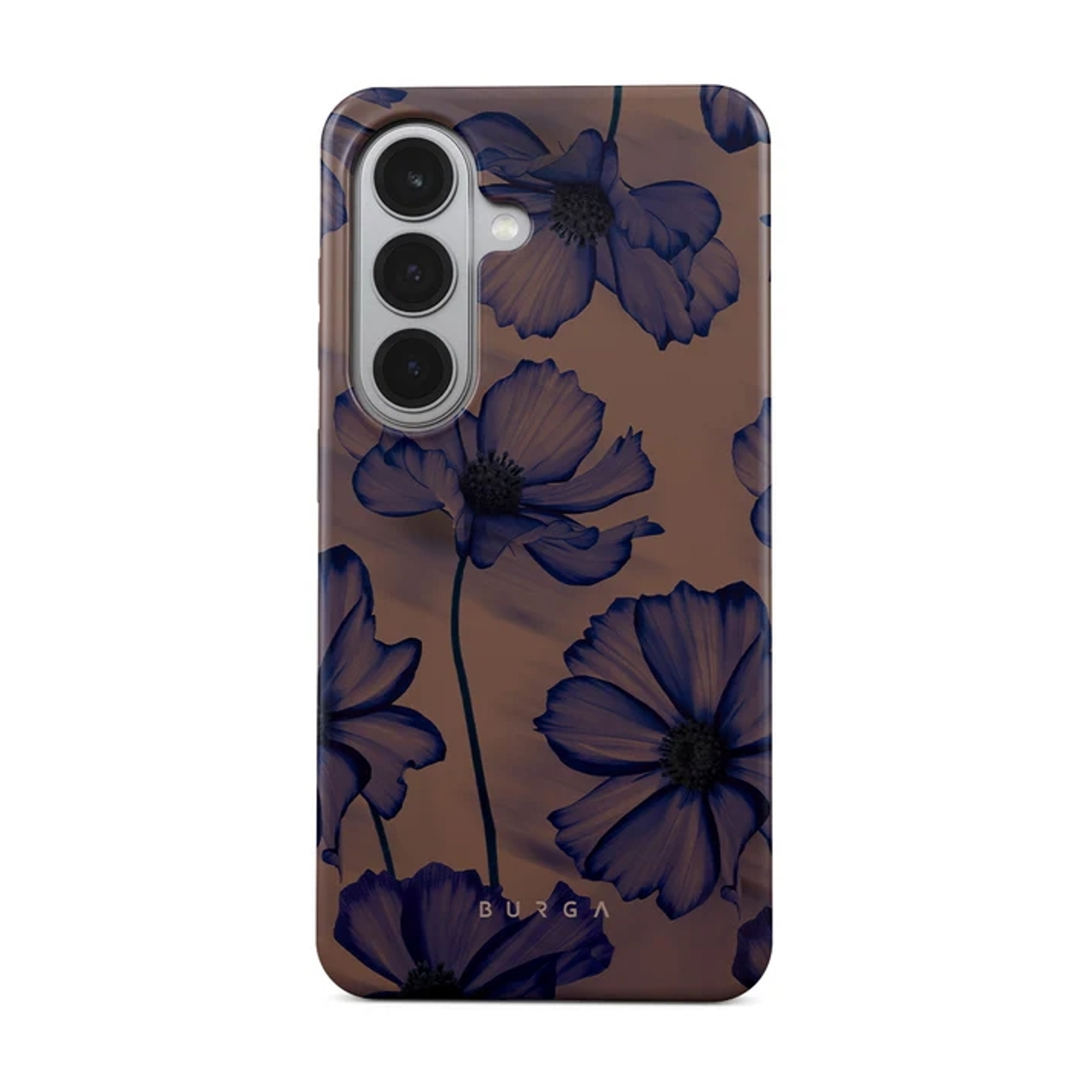 Bruine telefoonhoes met blauw bloemenpatroon en camera.