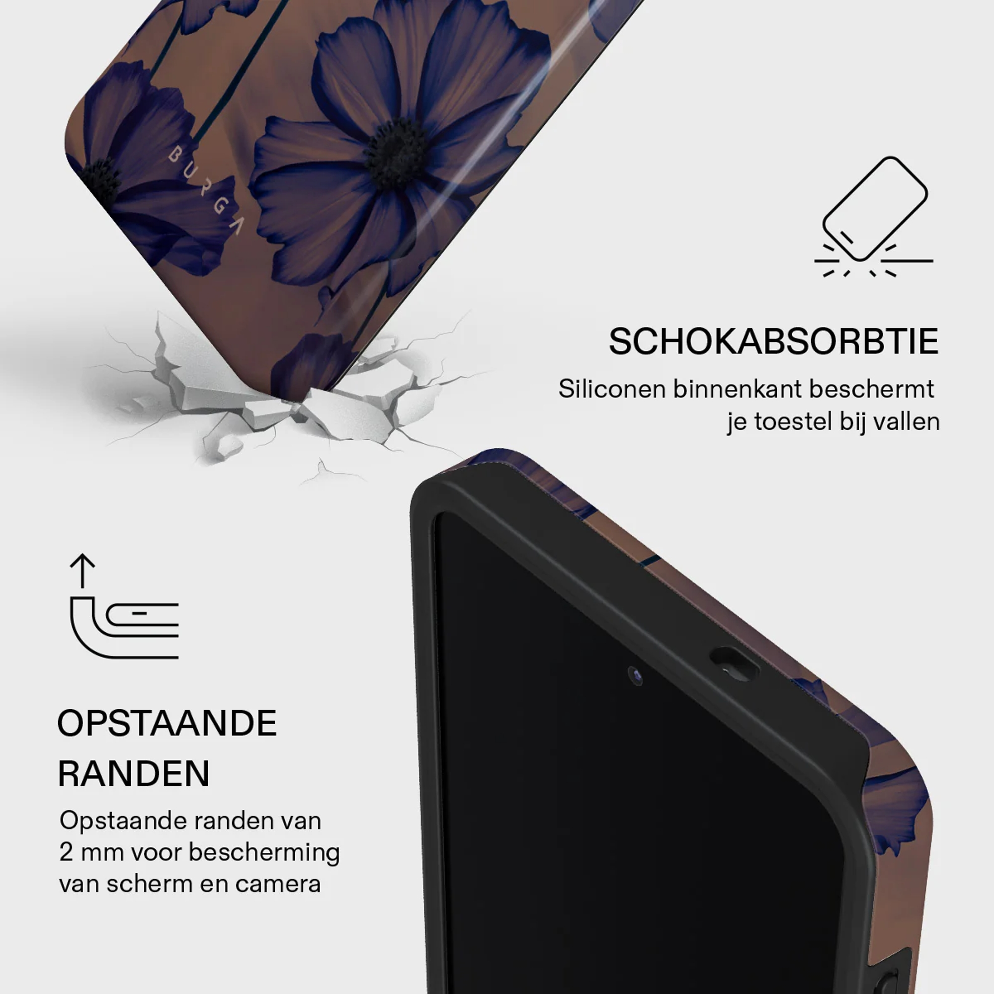 Telefoonhoes met bloemenprint, schokabsorberend en verhoogde randen.