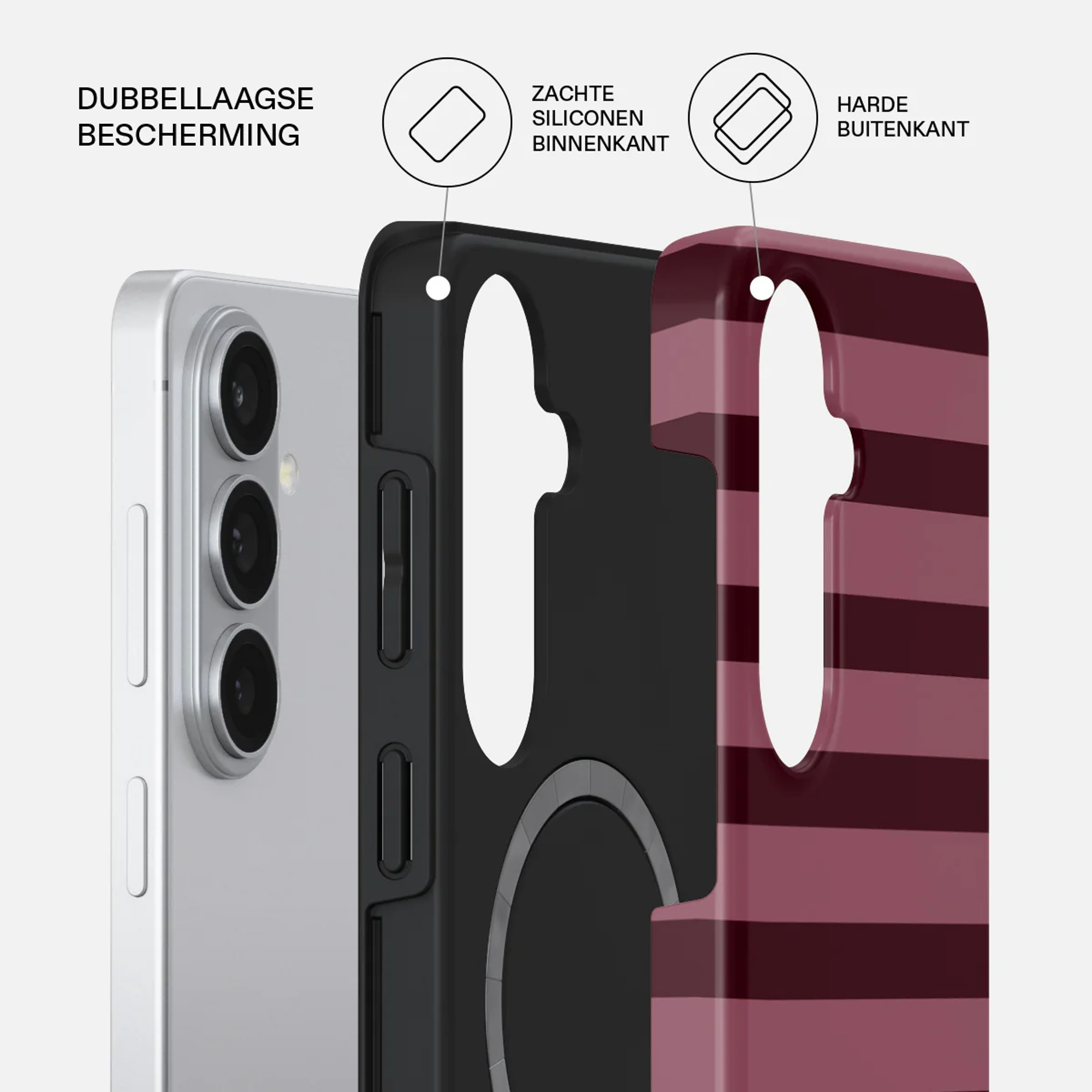 Zilveren telefoon met zwart en roze gestreepte beschermhoes.