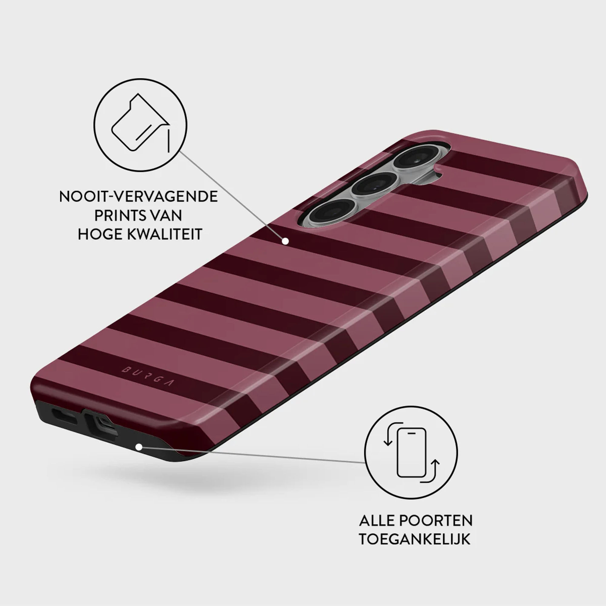 Burgundy telefoonhoes met horizontale strepen en camera-eiland.