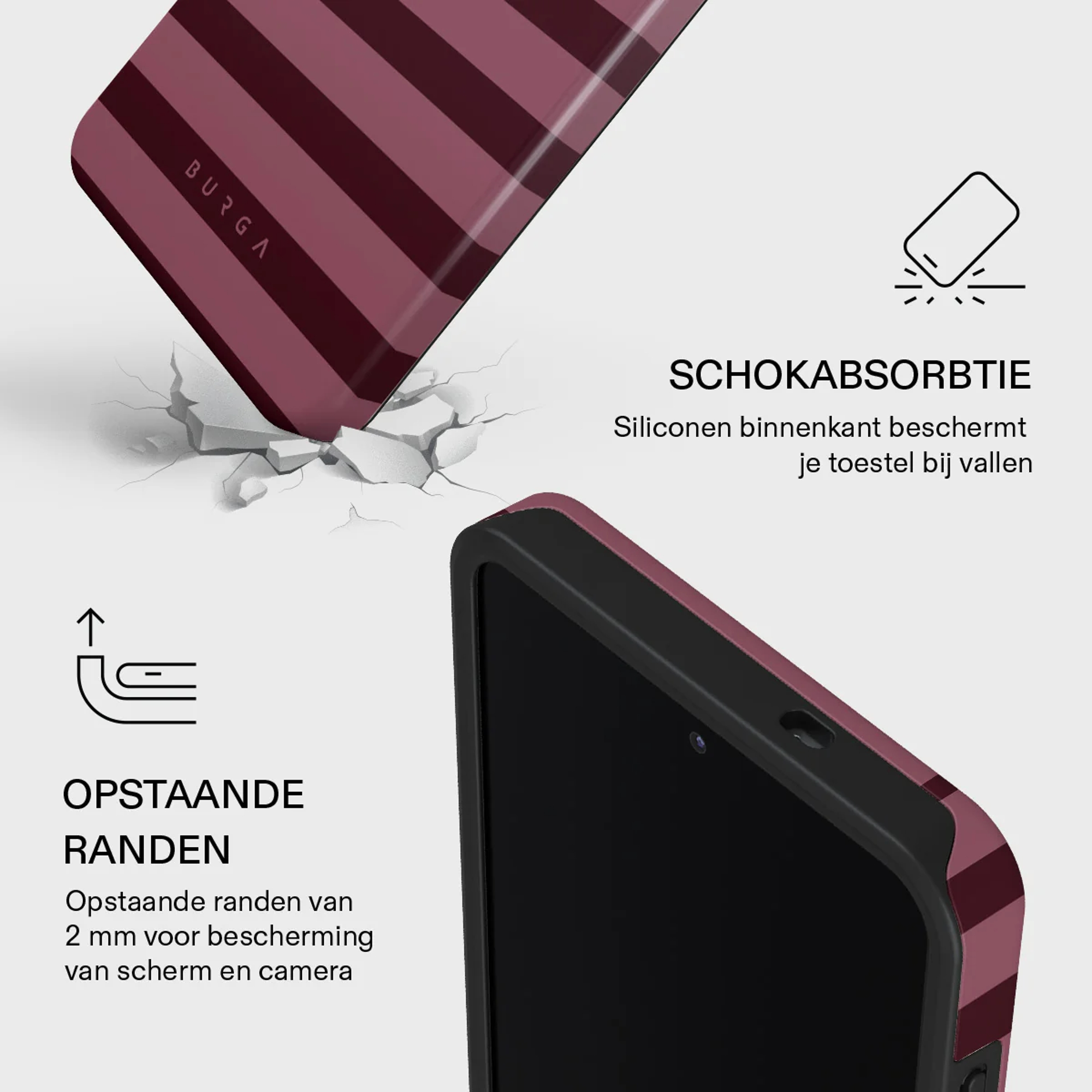 Burgas hoesje met strepen, schokabsorberend, verhoogde randen.