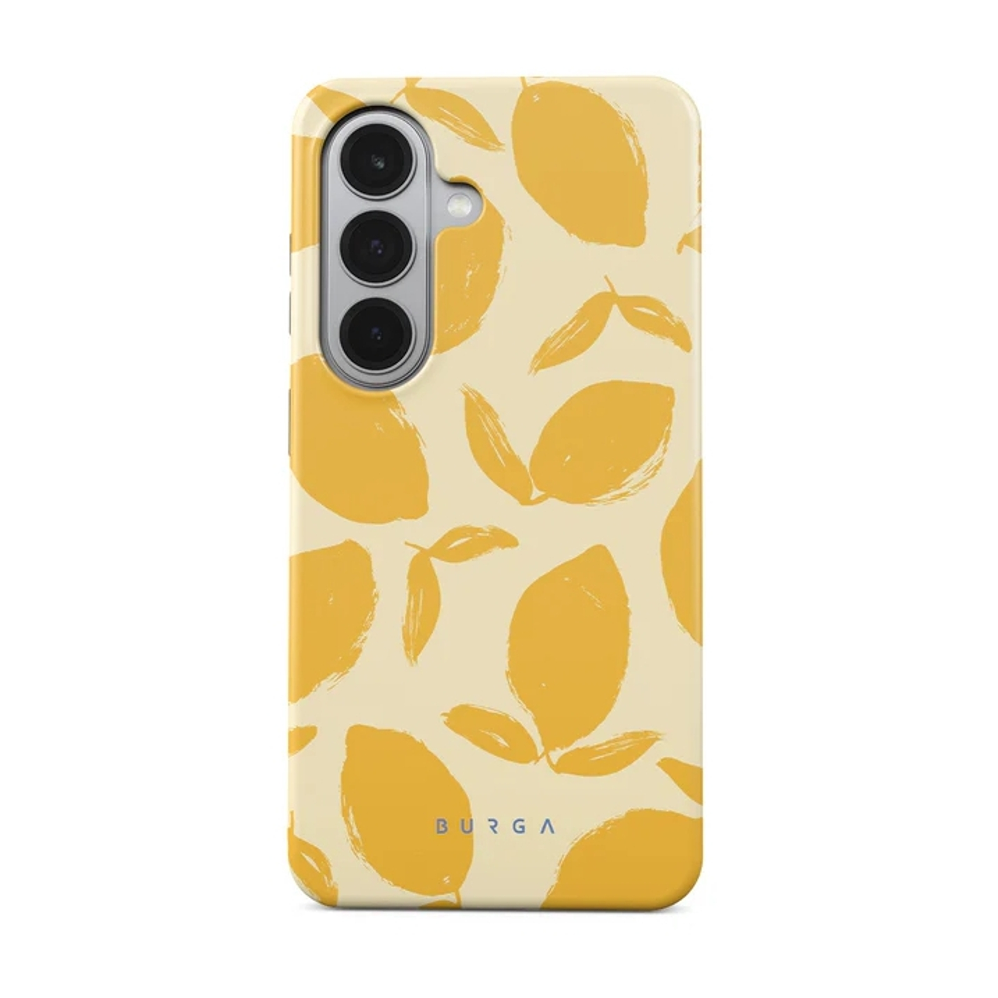 Een telefoonhoesje met gele citroenen en bladeren op lichte achtergrond.