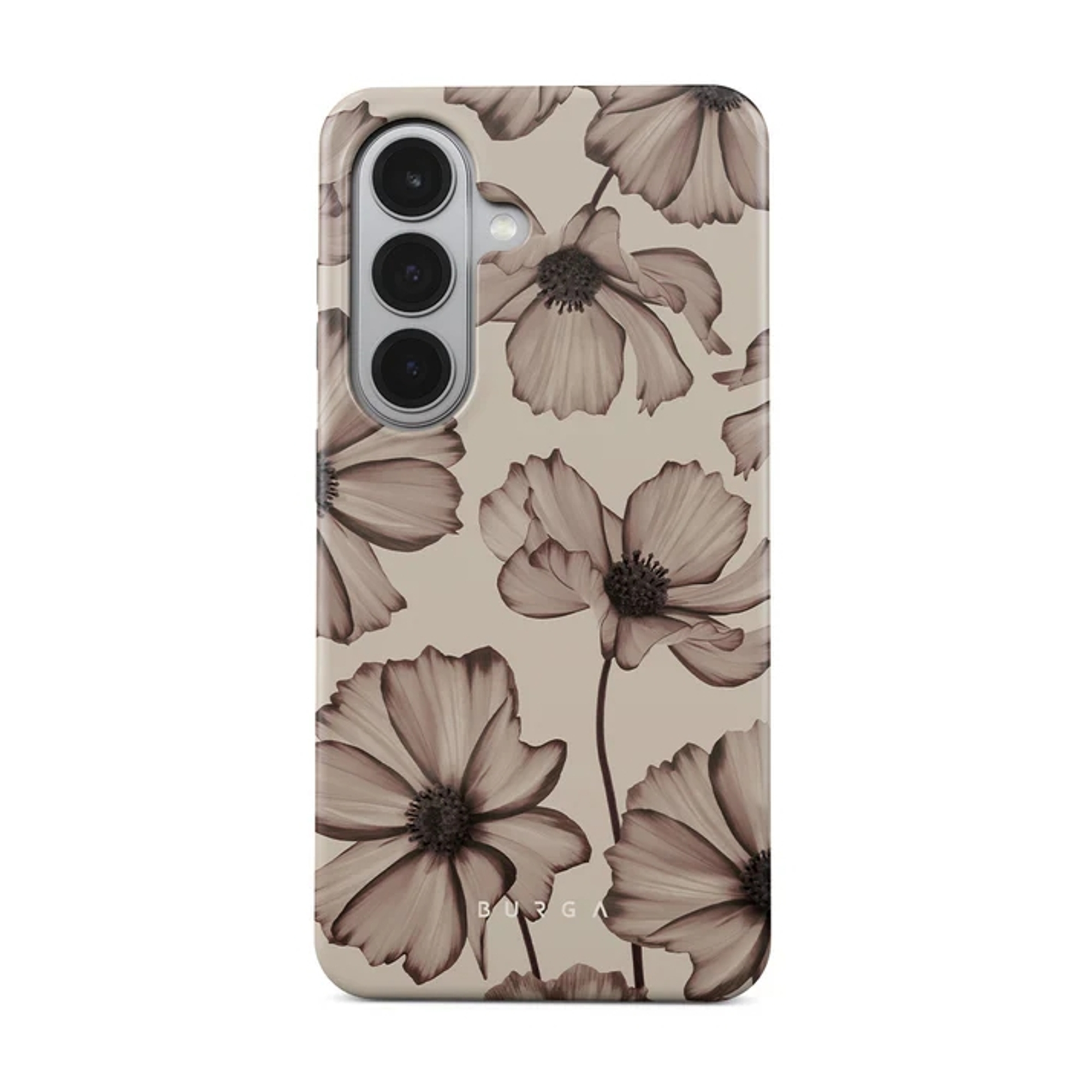 Een telefoonhoesje met een taupe bloemenpatroon en cameralens.