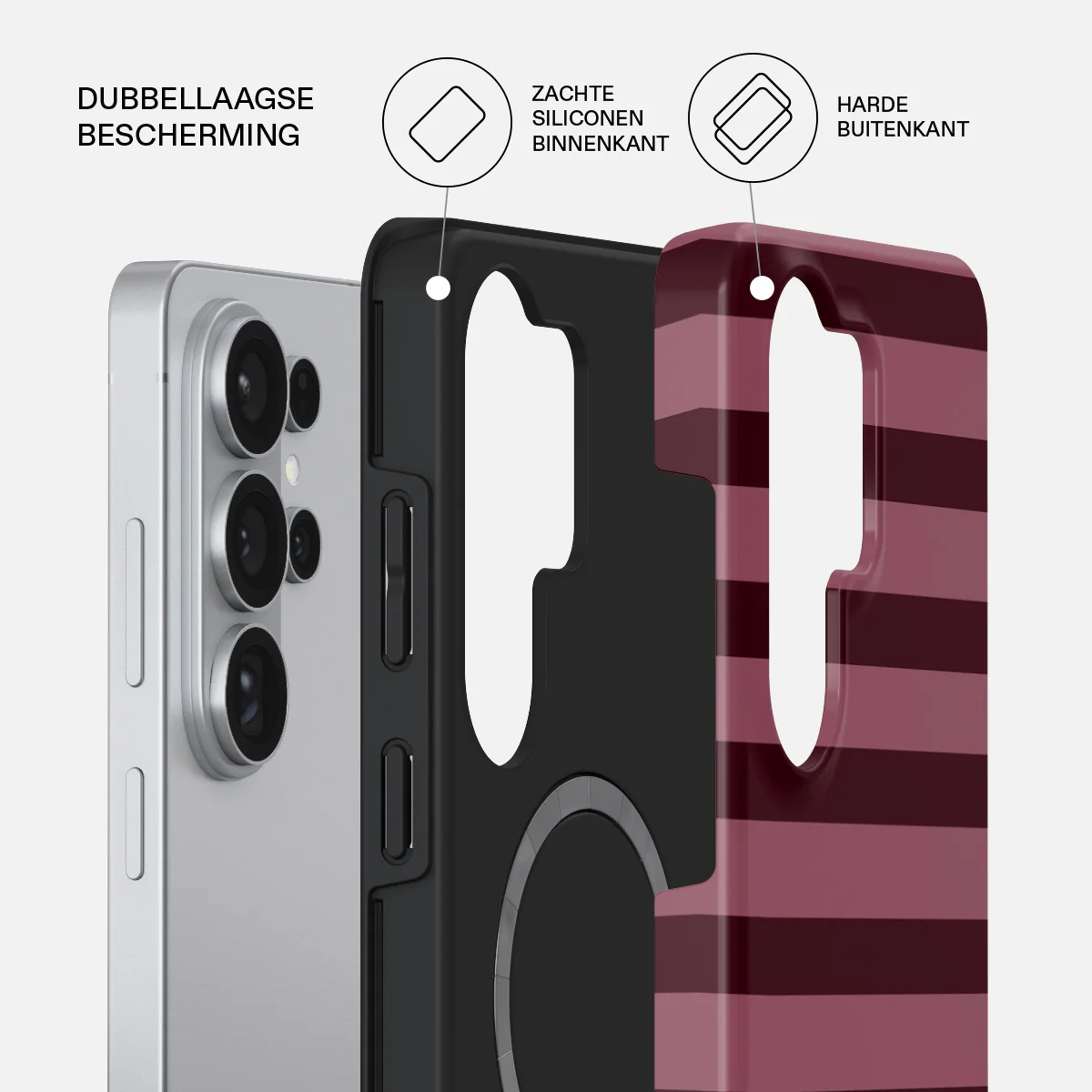 Een zilveren smartphone met drie camera's naast een dubbellaagse hoes.
