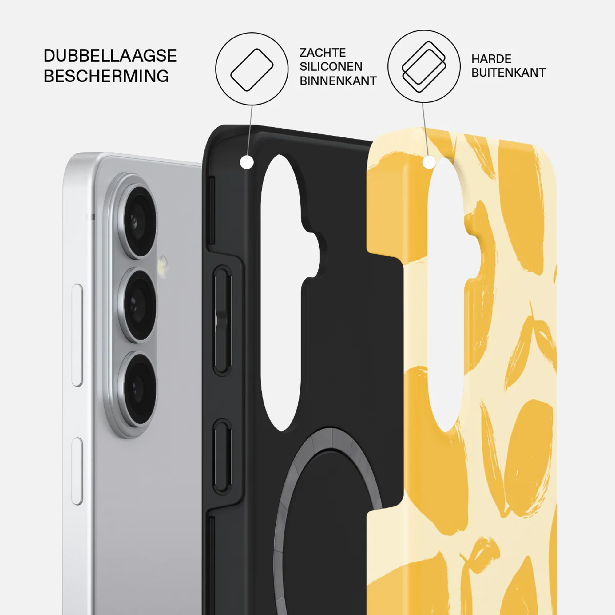 Siliconen telefoonhoes met geel patroon, toont de achterkant van een telefoon.