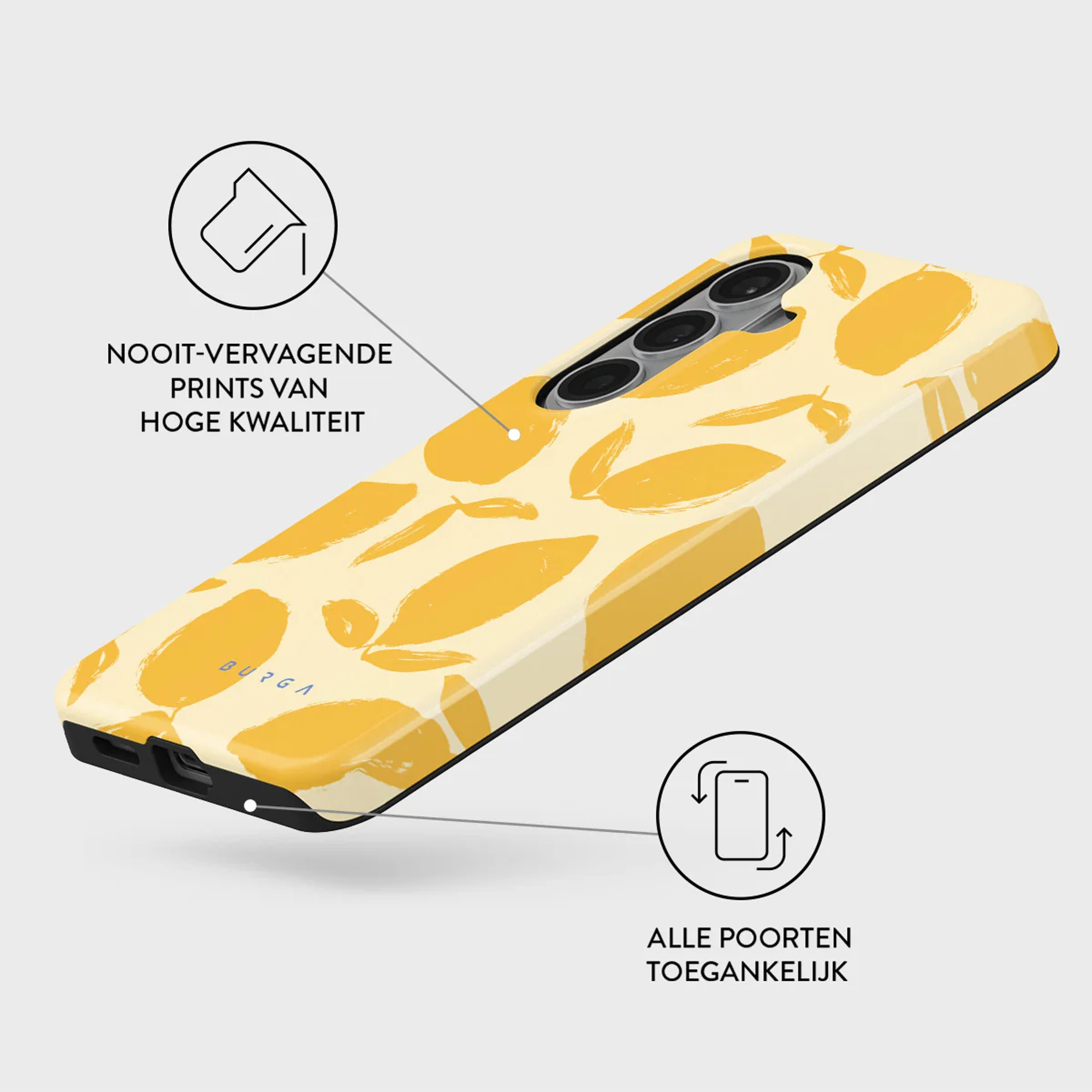 Licht telefoonhoesje met gele citroen- en bladprint, camera-uitsparing.