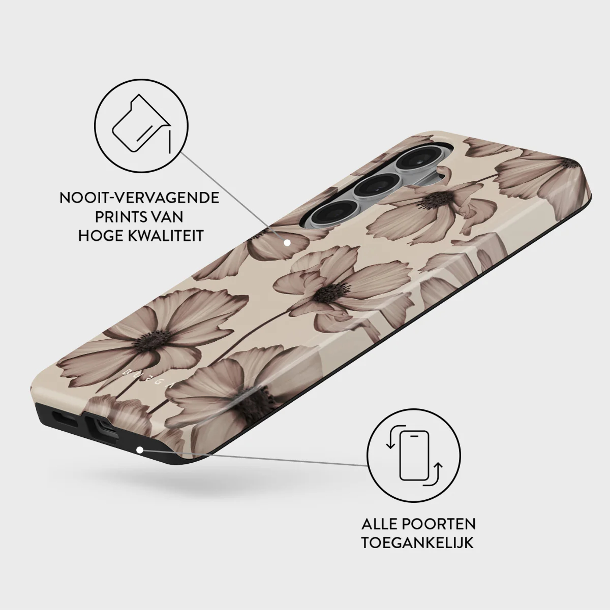 Telefoonhoes met bruin en beige bloemenpatroon. Camera en poorten zichtbaar.