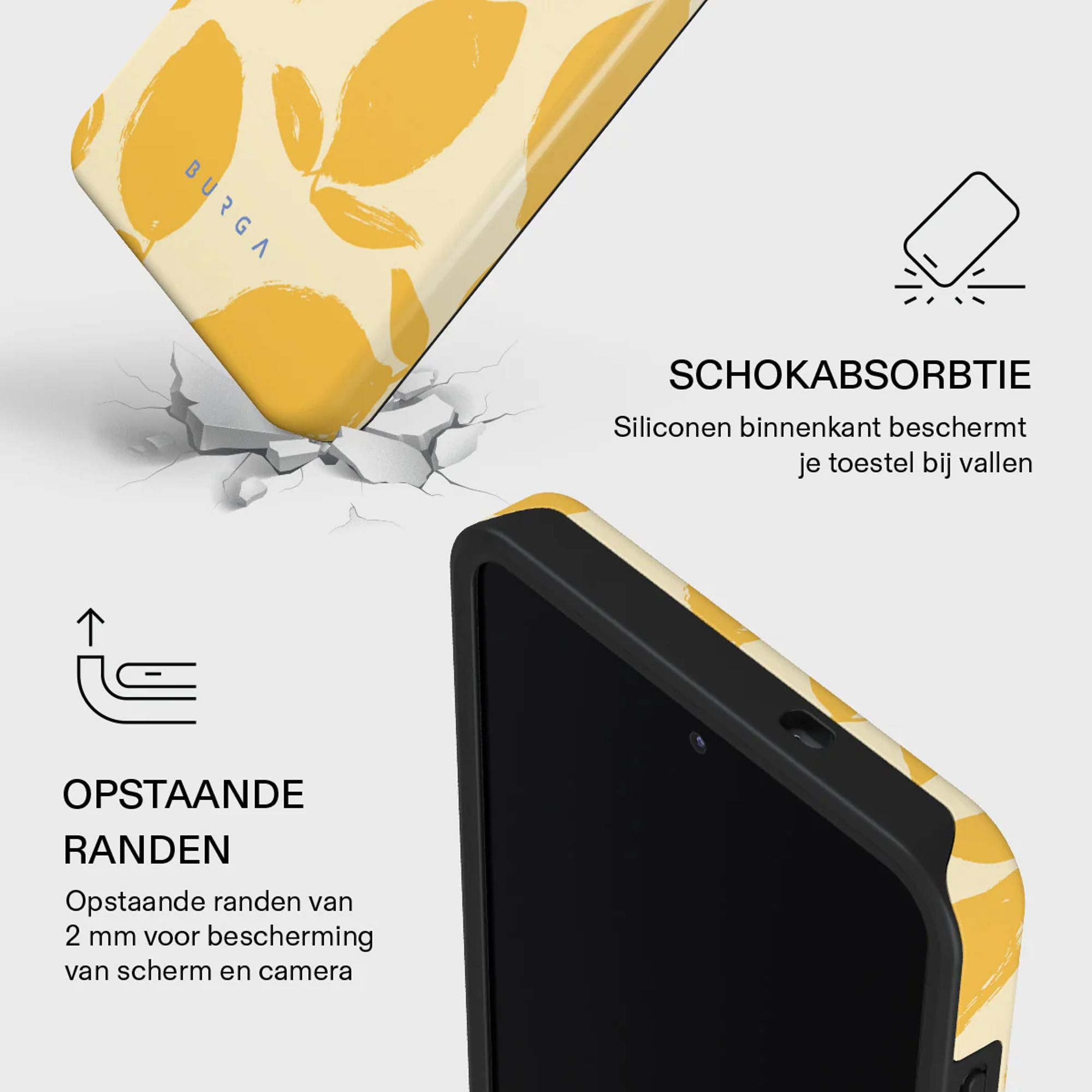 Geel telefoonhoesje met bladerenpatroon, schokabsorberend en verhoogde randen.