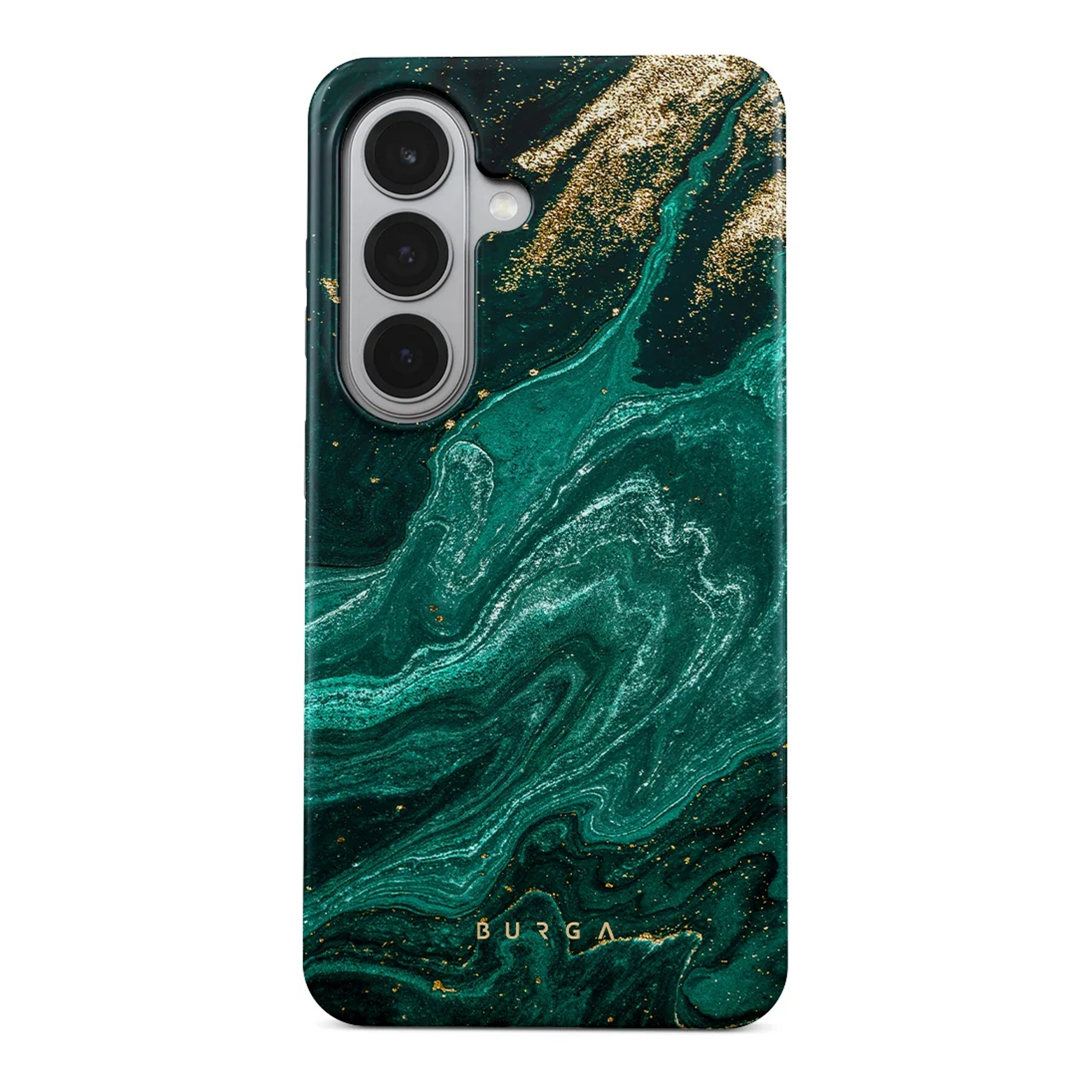 Donkergroene telefoonhoes met marmerpatroon en gouden accenten.