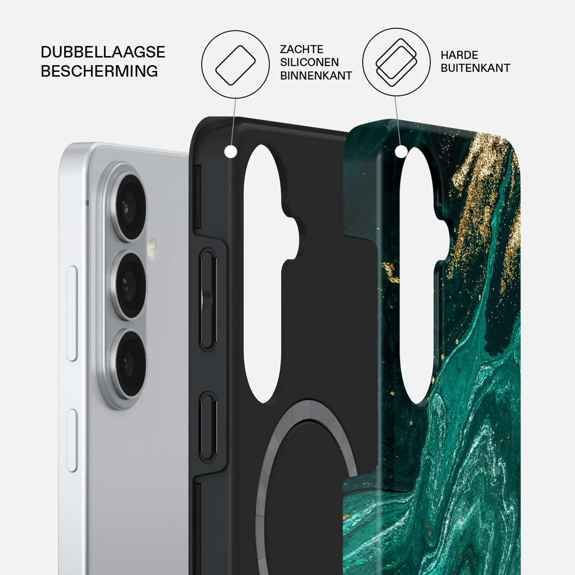 Een telefoonhoes met dubbele laag bescherming: zachte binnenkant, harde buitenkant.