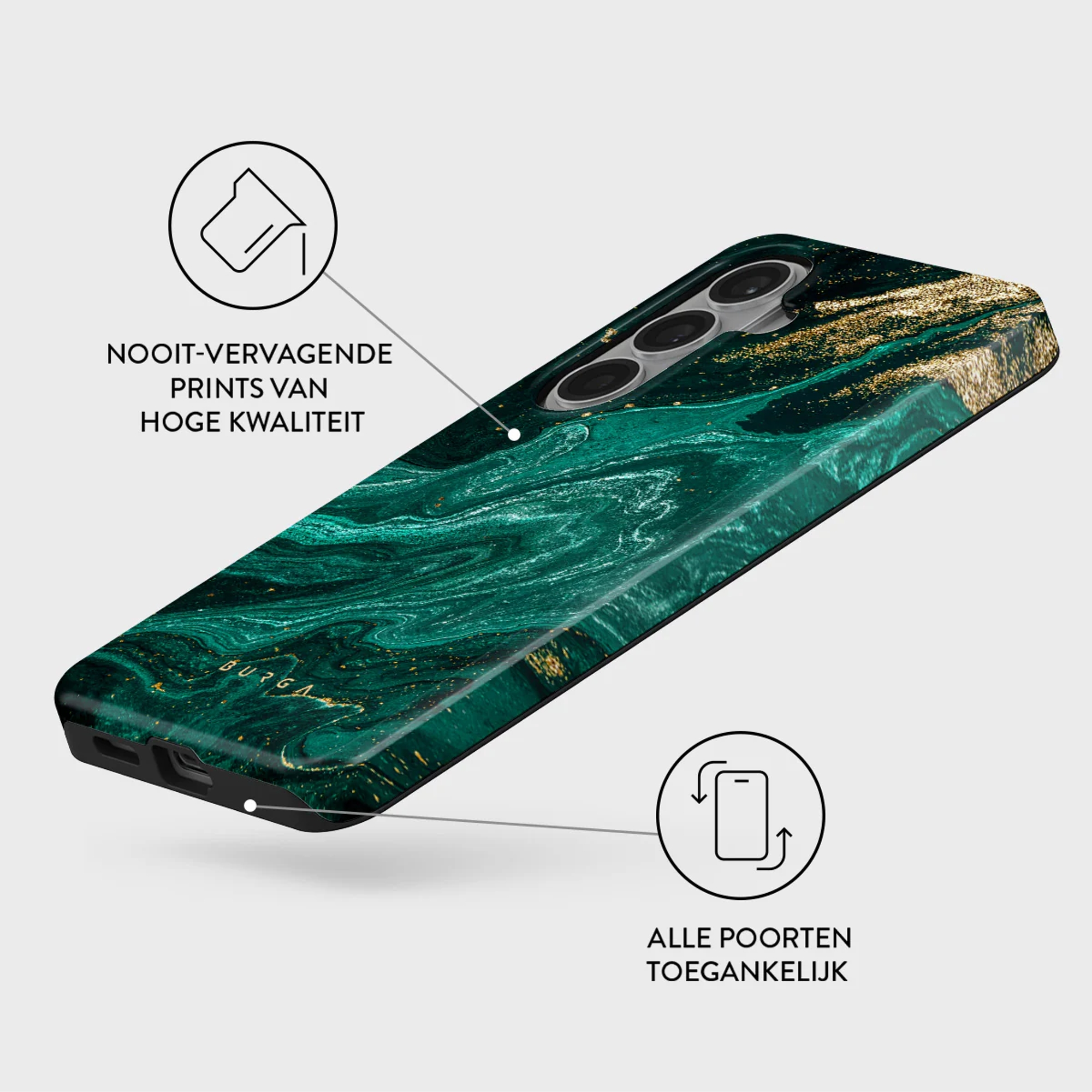 Een groene marmeren telefoonhoes met gouden spikkels.