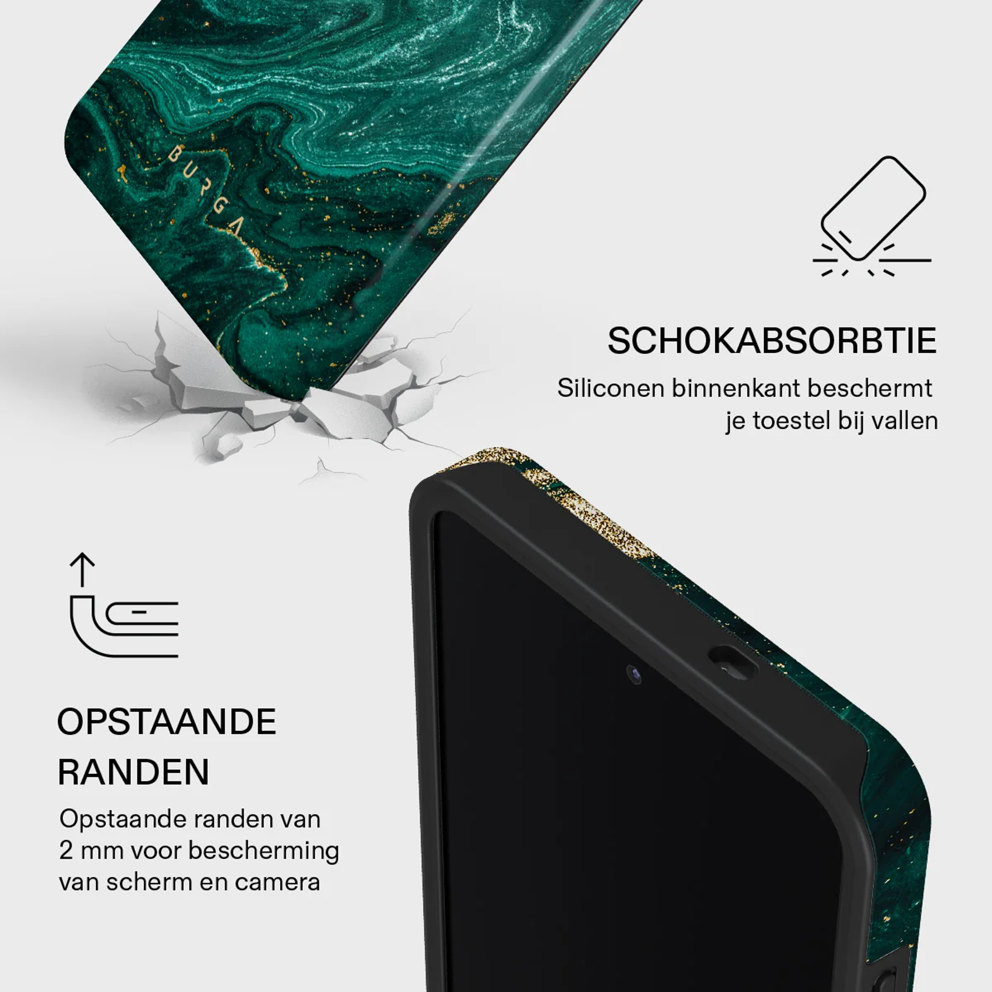 Groene telefoonhoes met goud marmerpatroon en schokabsorberende eigenschappen.