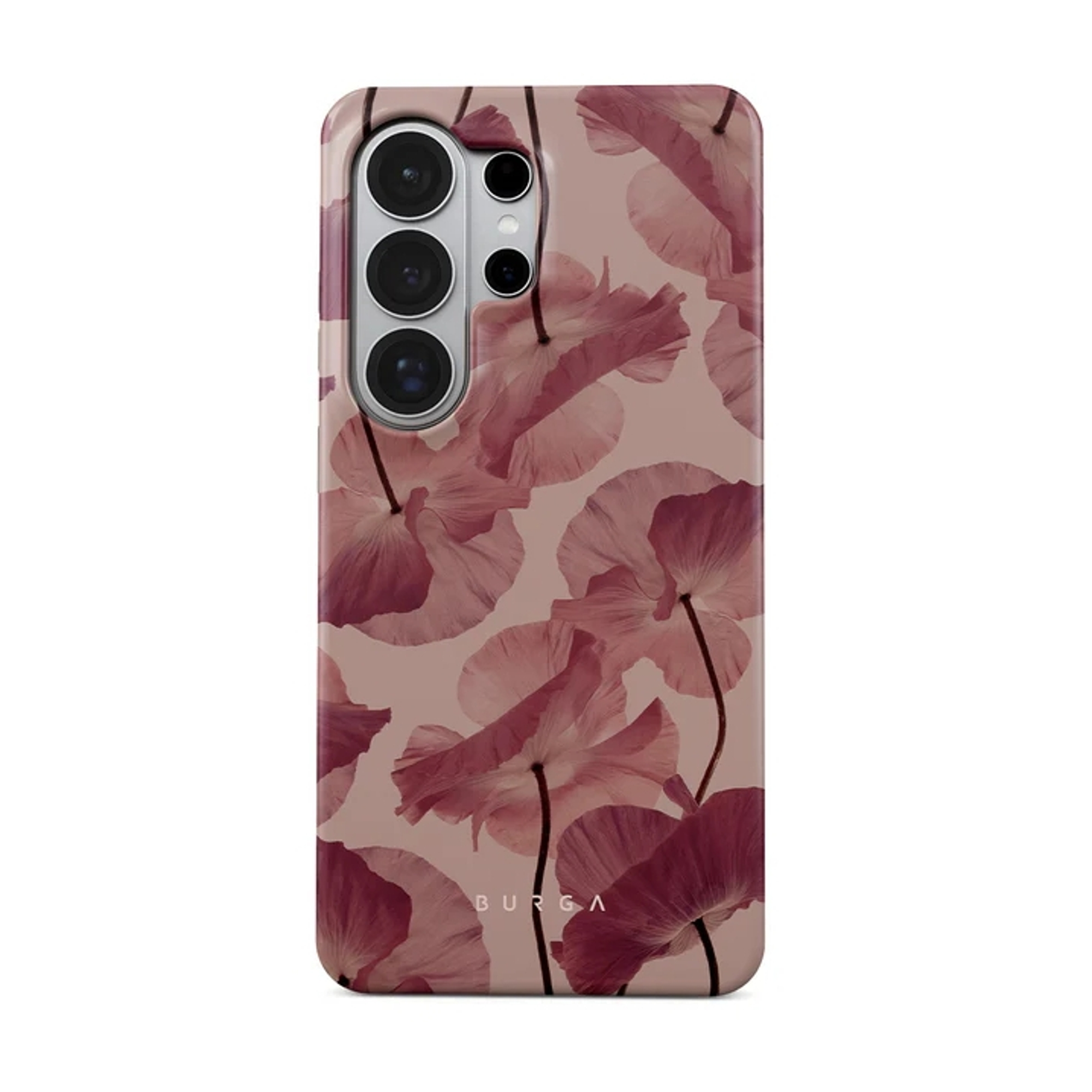 Telefoonhoesje met roze papaver bloemenpatroon en cameramodule.