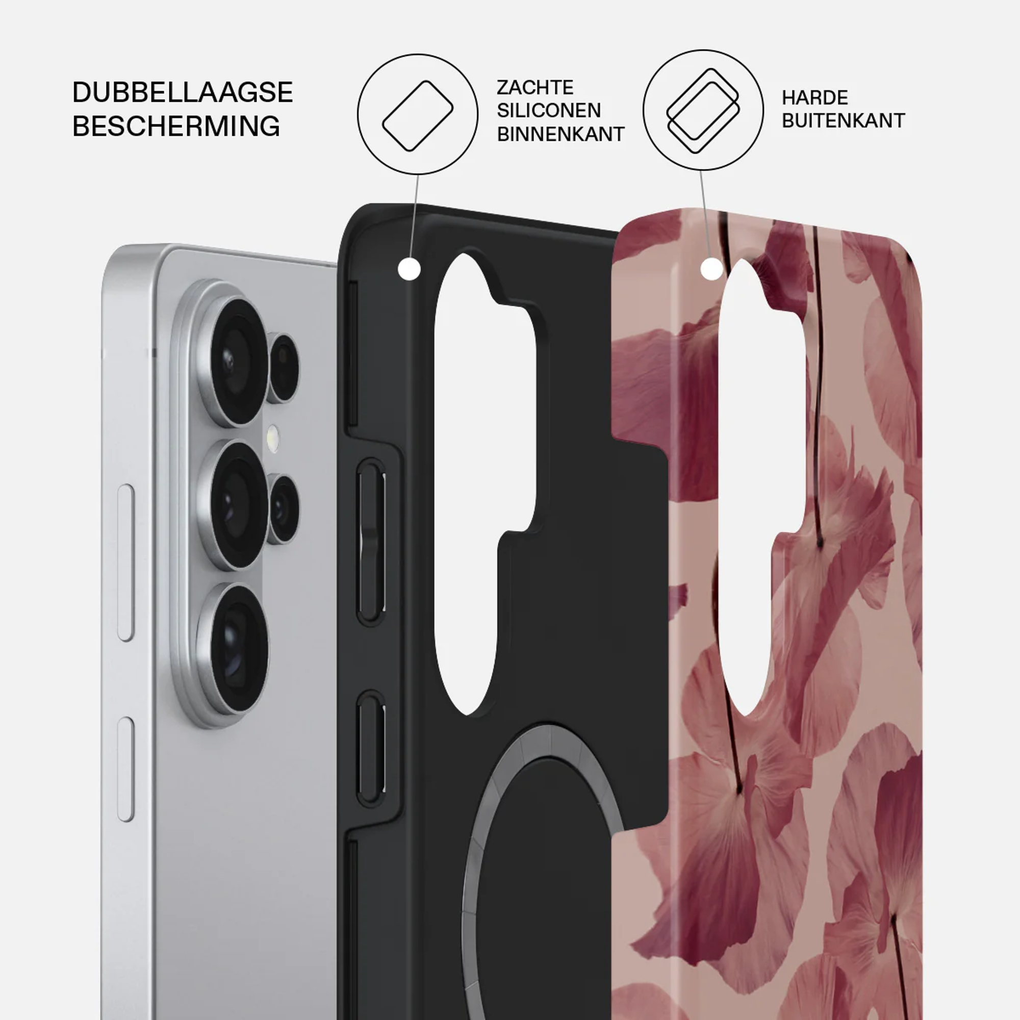 Een smartphone met een hoesje dat de dubbele beschermlagen toont.