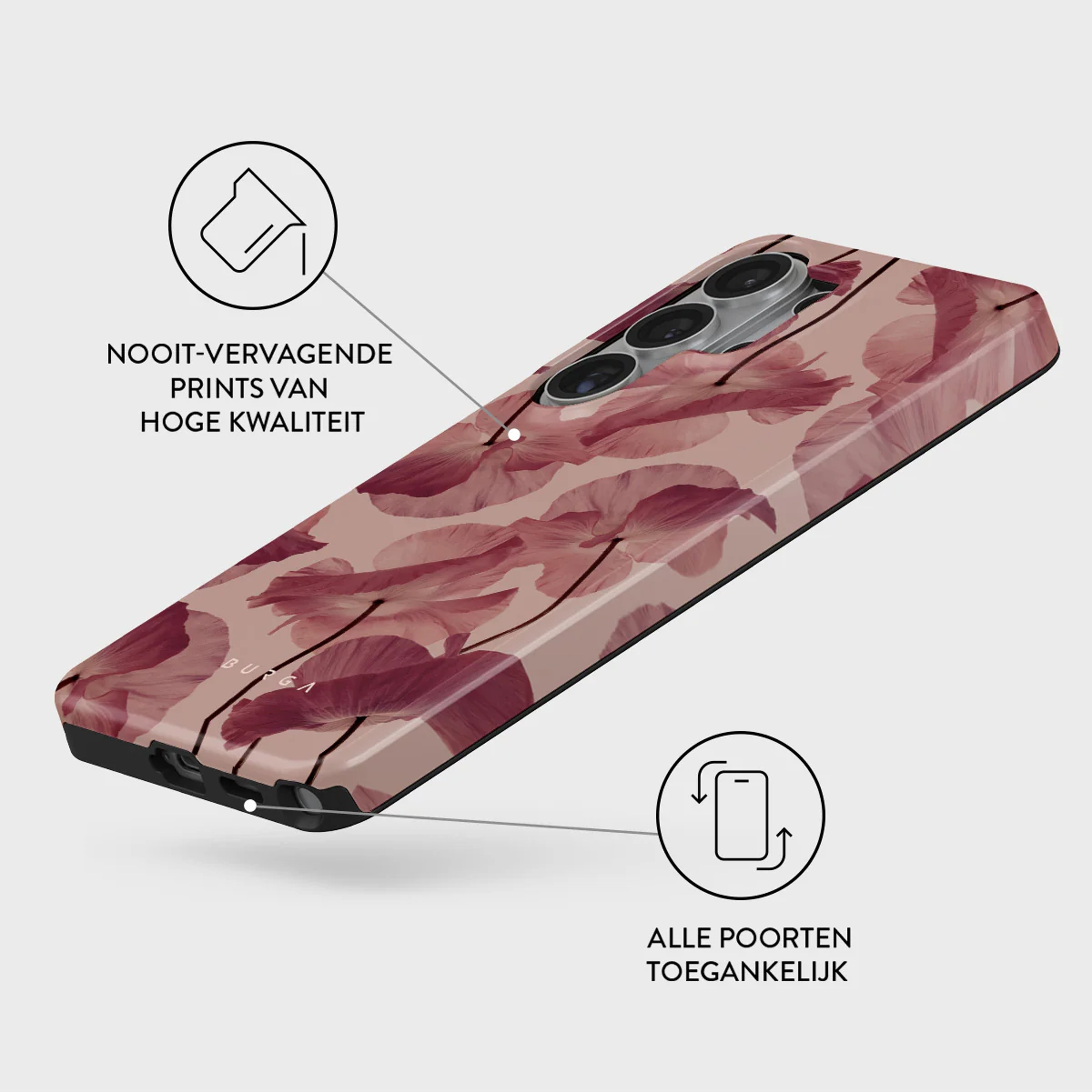 Telefoonhoes met roze bloemenpatroon, camera en poorten zichtbaar.