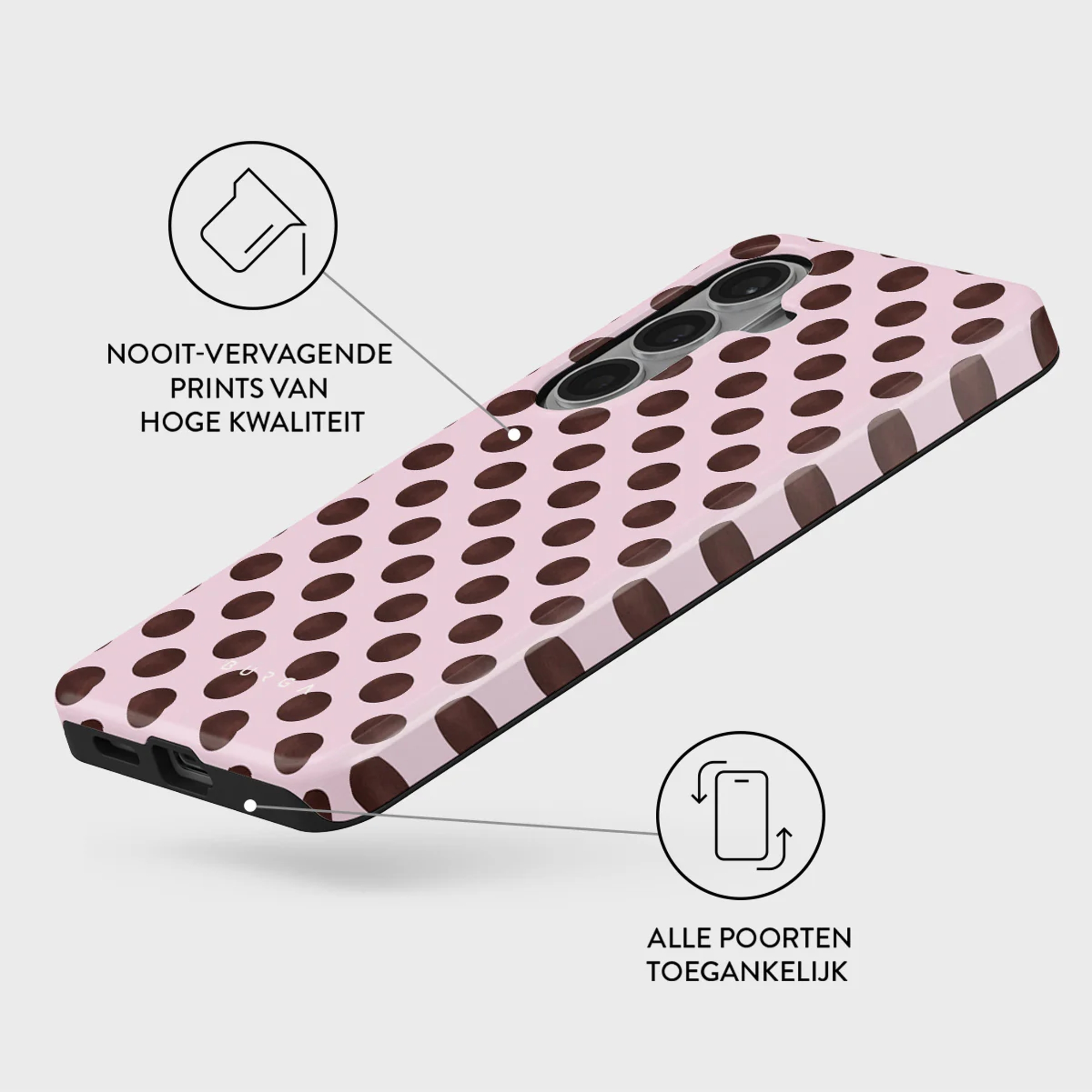 Een roze telefoonhoes met bruine stippen en camera-uitsparing.
