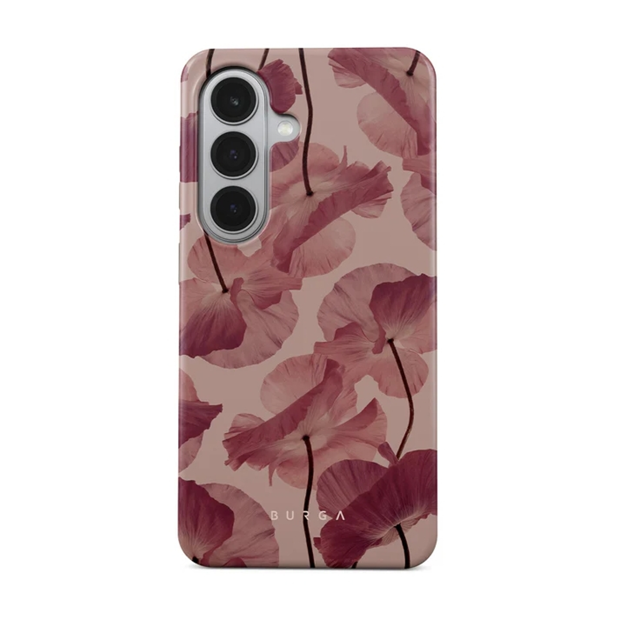 Een roze telefoonhoesje met een patroon van roze klaprozen.