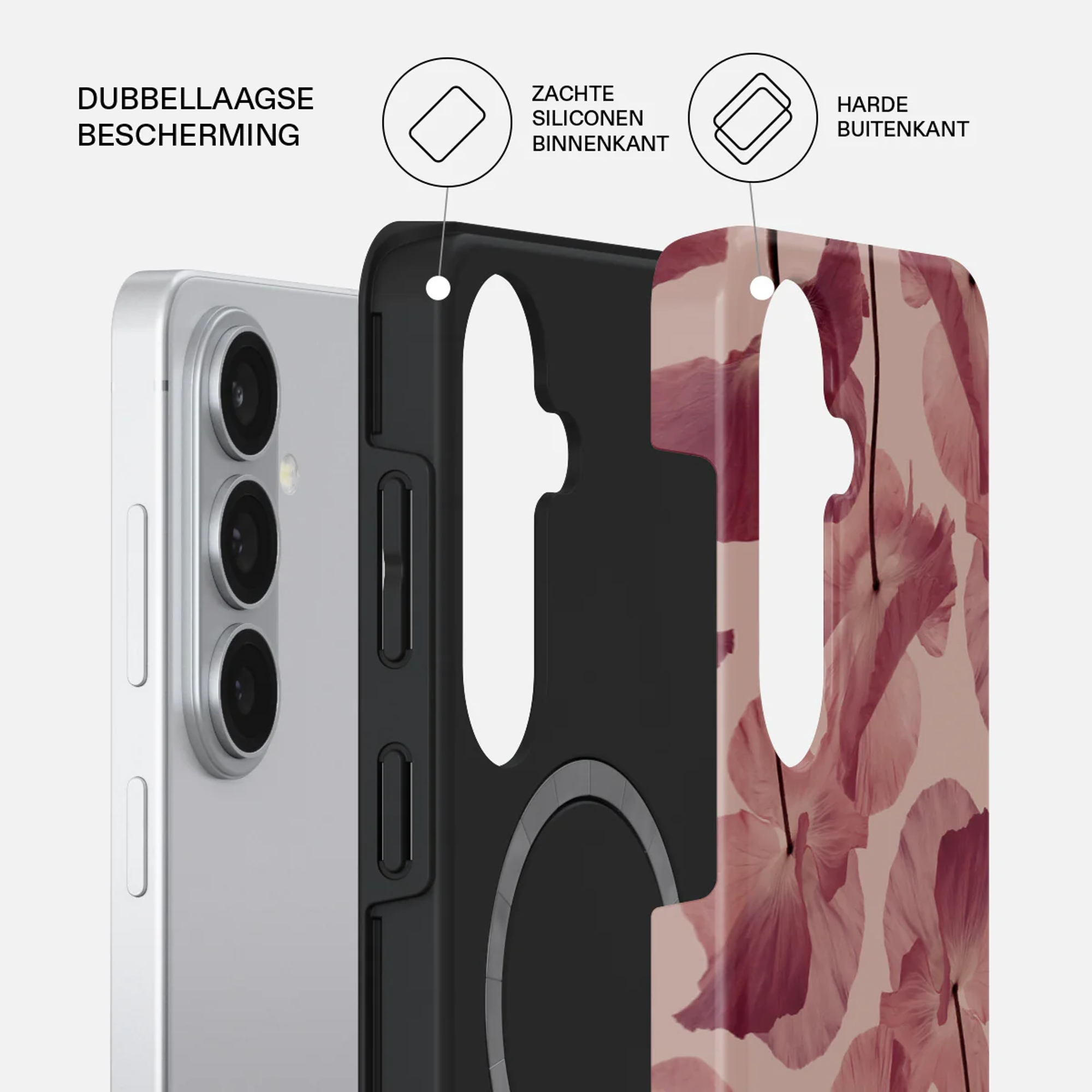 Een telefoon met bloemenprint toont een dubbellaagse beschermhoes met siliconen en harde buitenlaag.