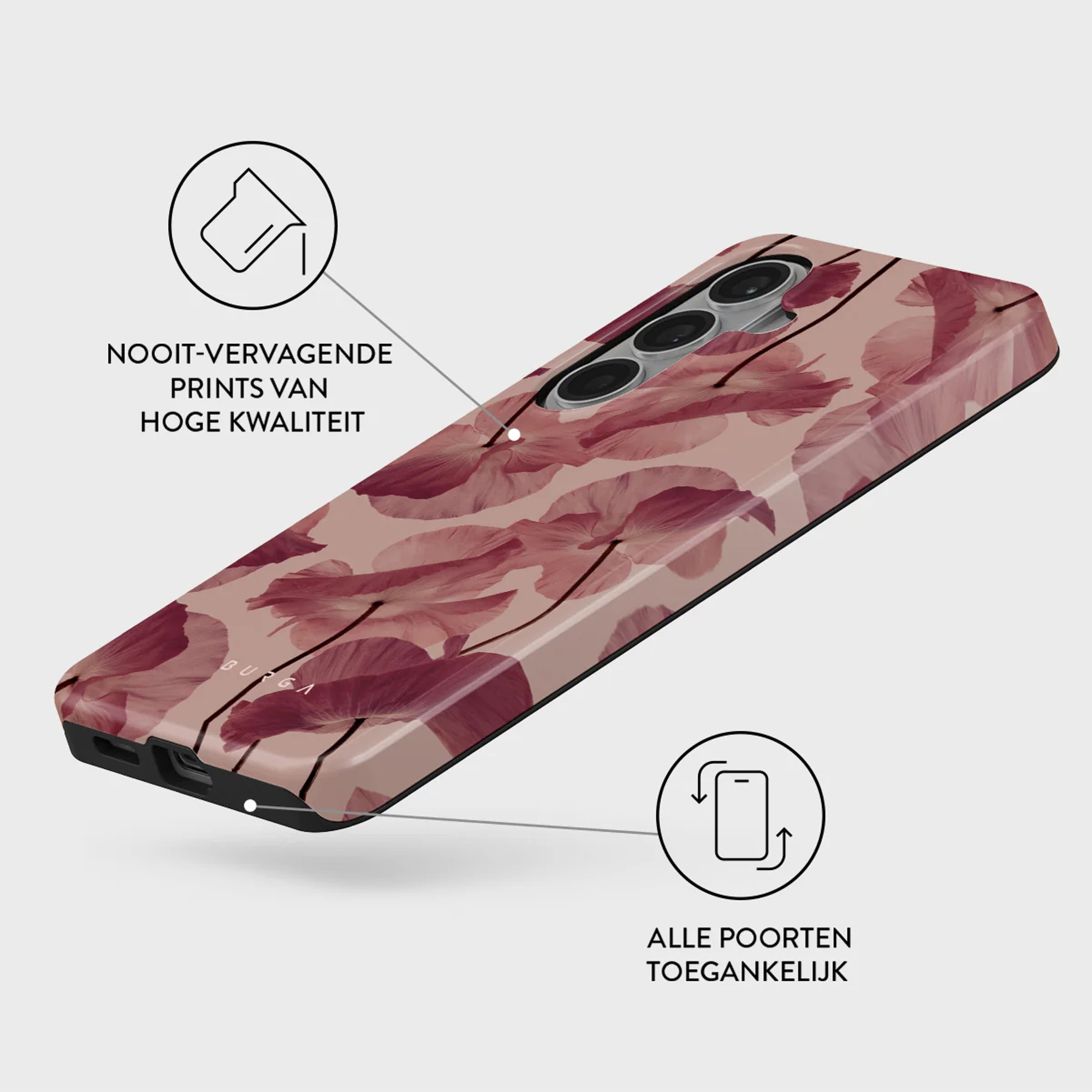 Roze telefoonhoes met bloemenpatroon, cameramodule zichtbaar.