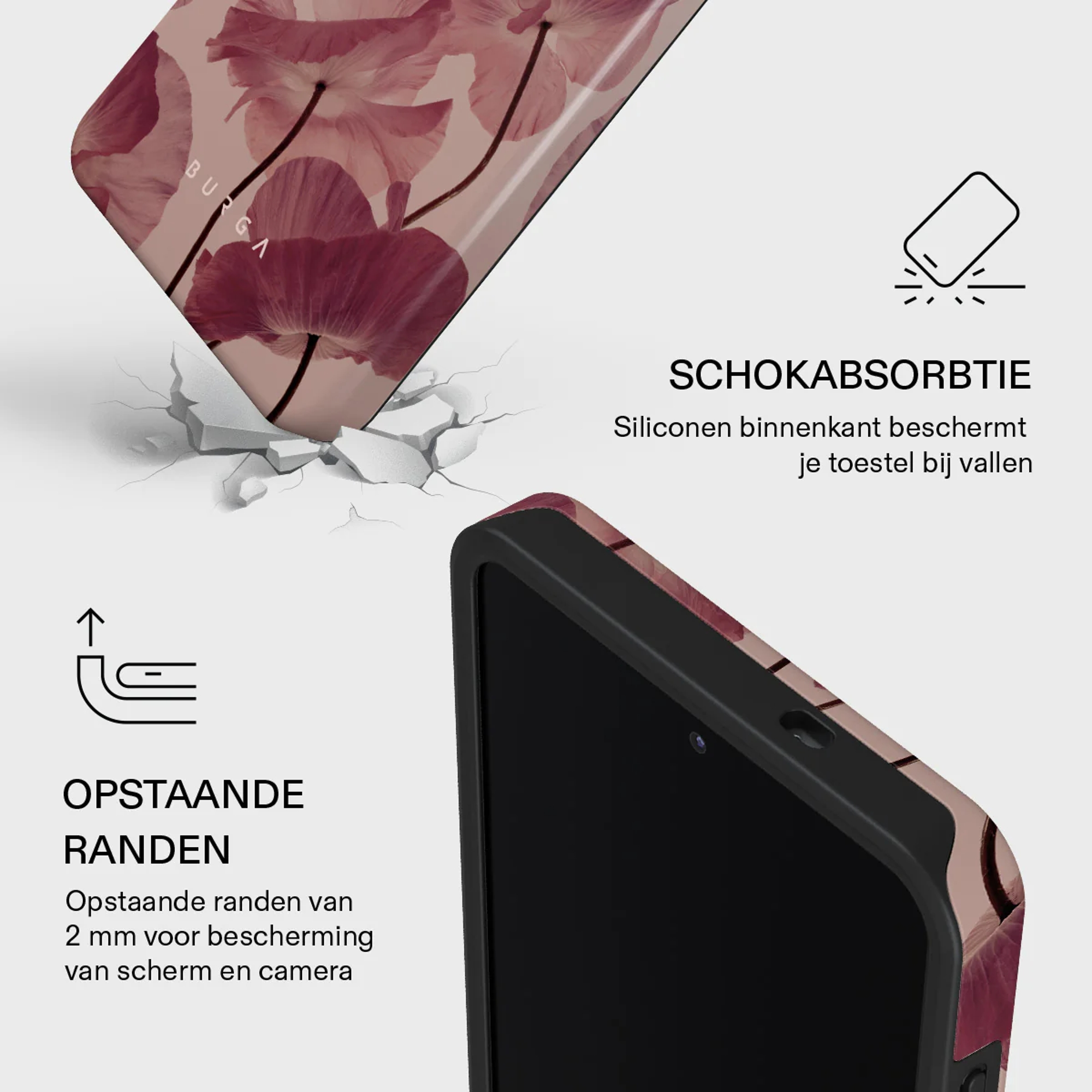 Telefoonhoes met bloemenpatroon, schokabsorptie en verhoogde randen.
