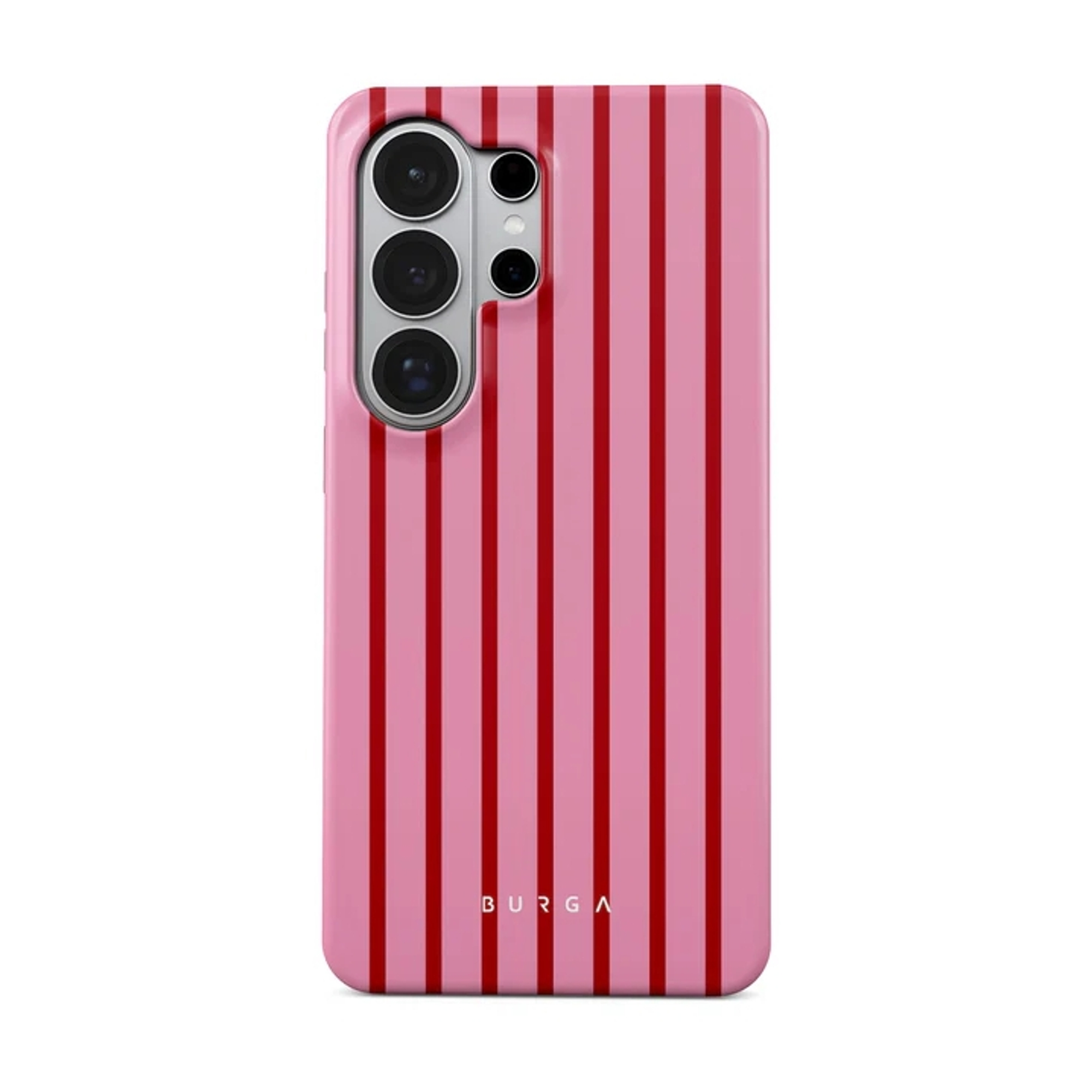 Een roze telefoonhoes met rode strepen en een cameralens.