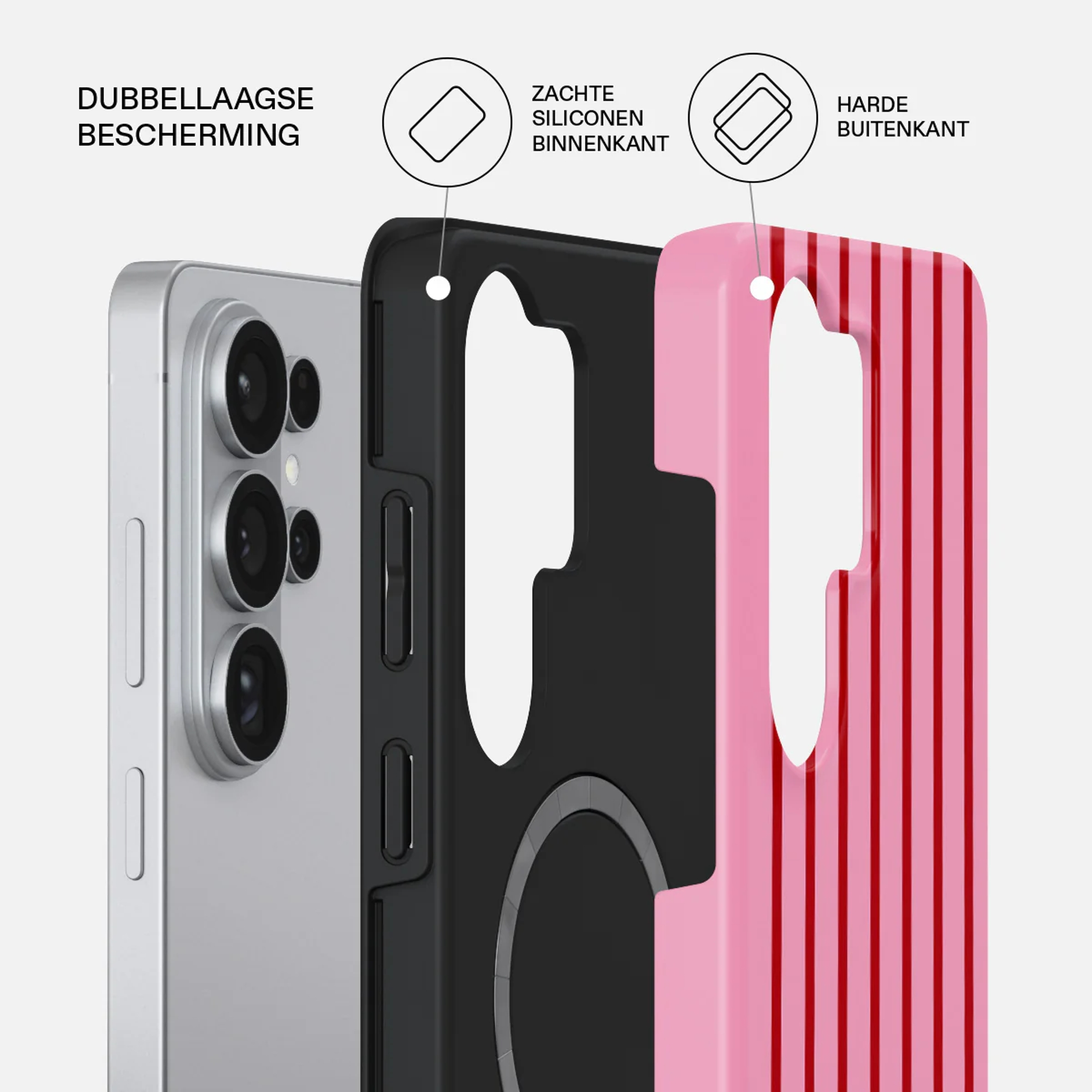 Zilveren smartphone met meerlaagse beschermhoes in zwart en roze met strepen.