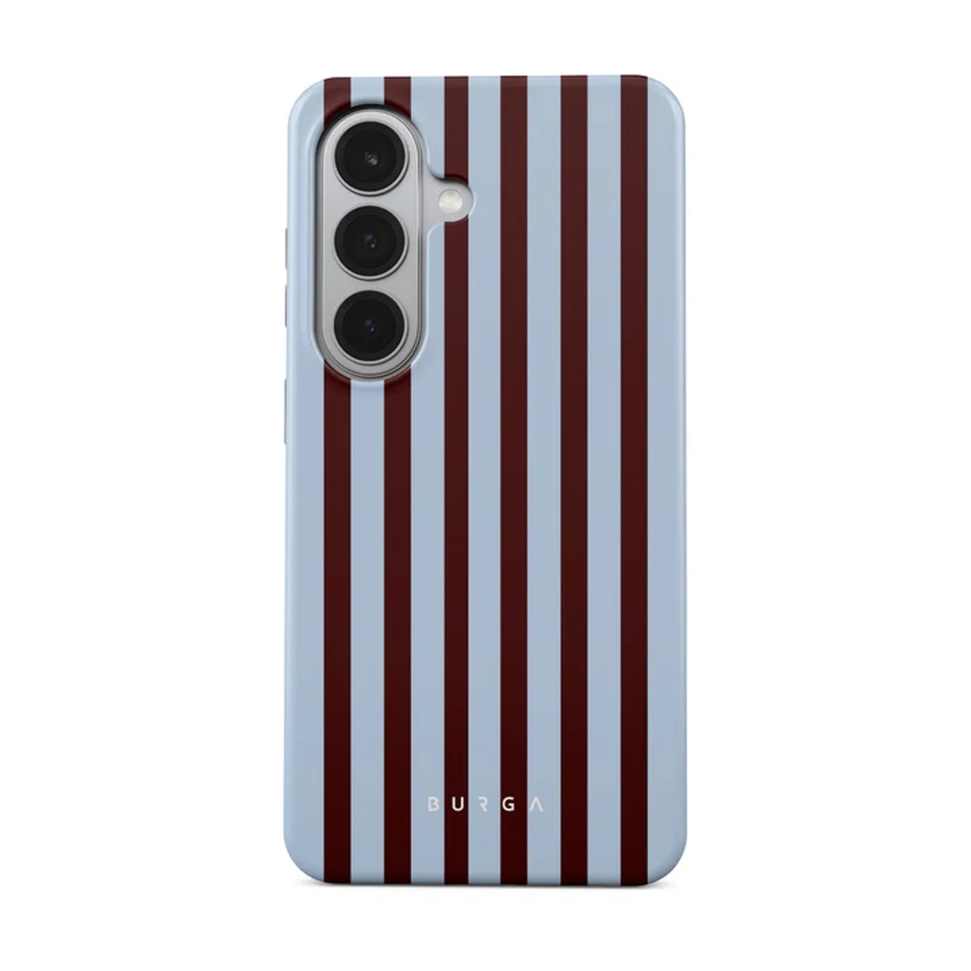 Lichtblauwe telefoonhoes met donkerrode verticale strepen. Camera aan de bovenkant.