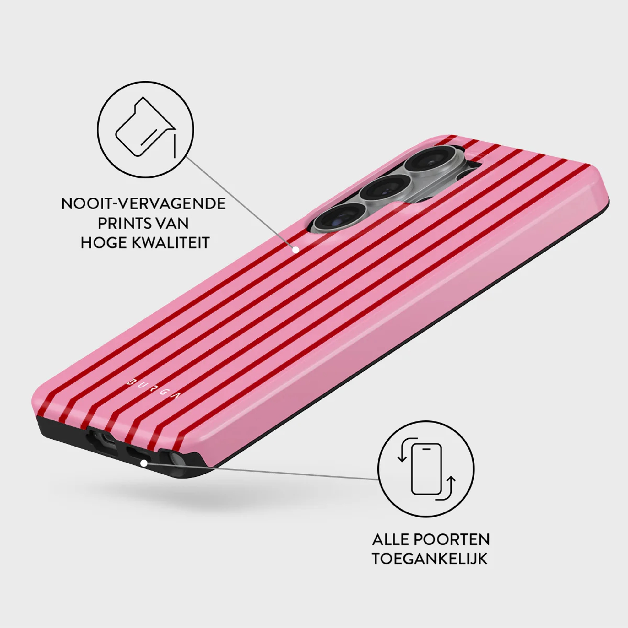 Een roze telefoonhoes met rode strepen. Camera en poorten zijn zichtbaar.