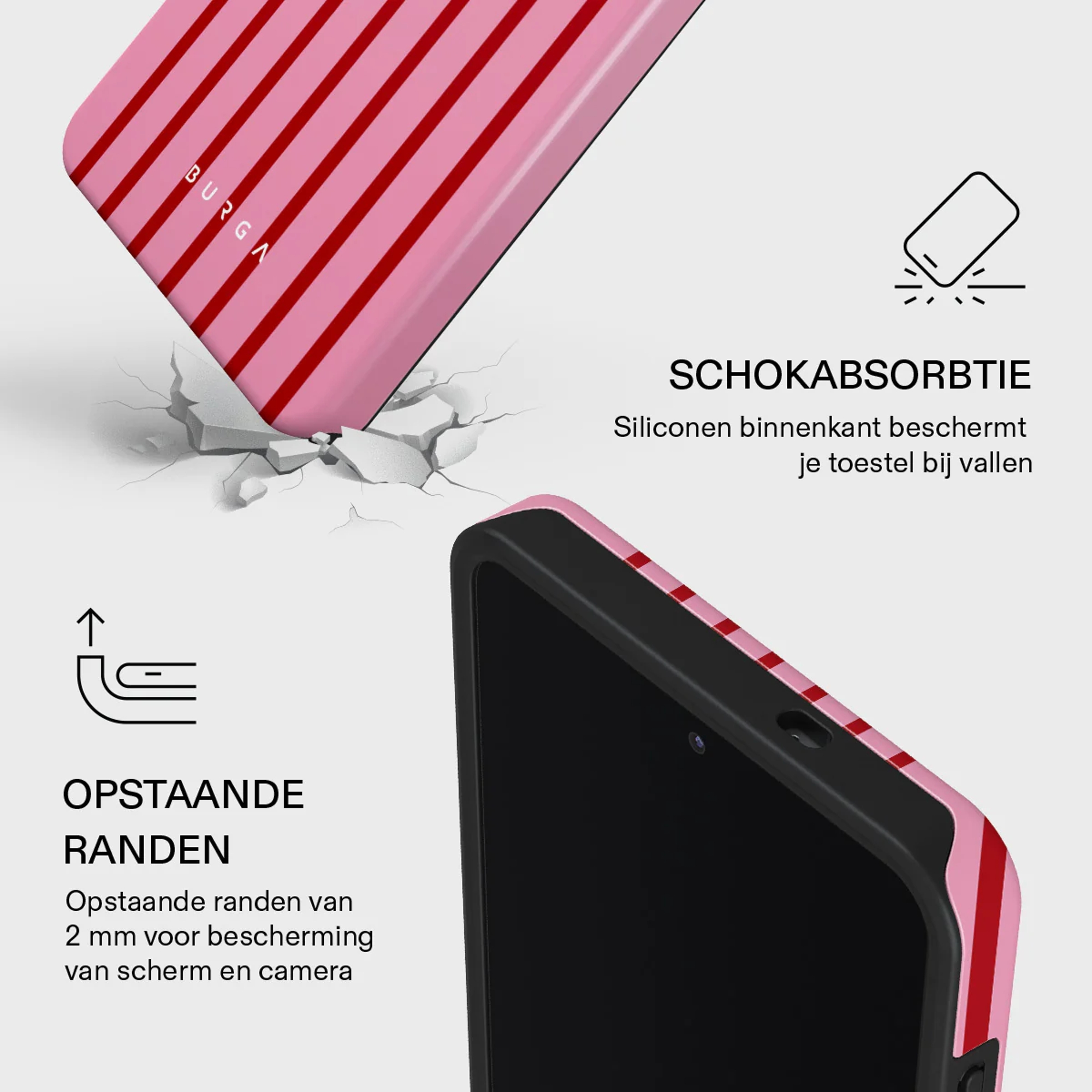 Een roze telefoonhoes met rode strepen, met schokabsorptie en verhoogde randen.