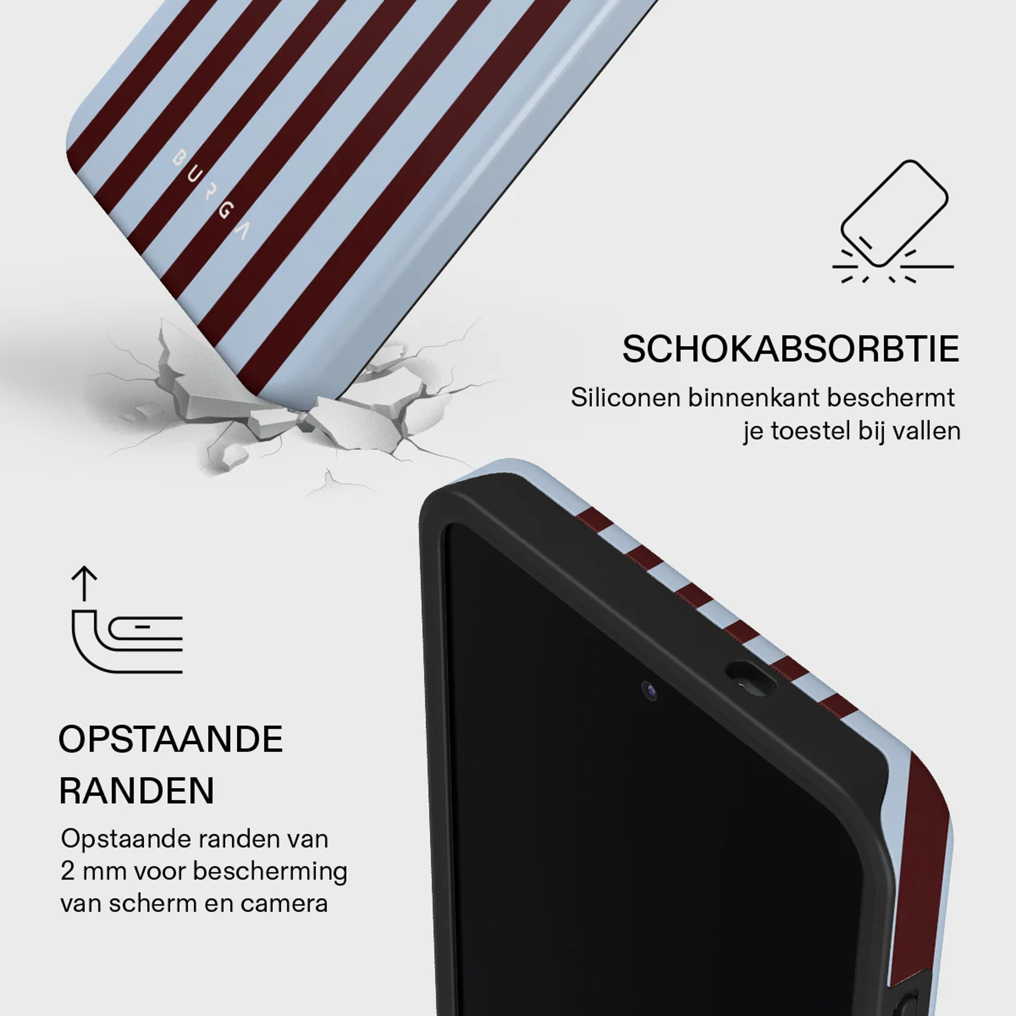 Gestreept hoesje met schokabsorptie en verhoogde randen ter bescherming.